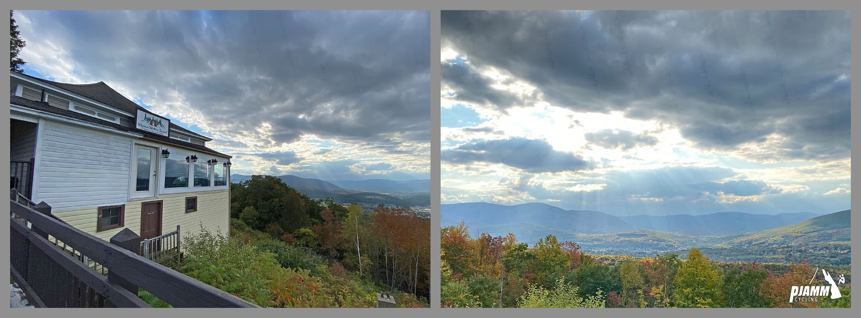 Cycling Mohawk Trail West, Massachusetts - view from Wigwam Western Summit, fall foliage, sun beaming through clouds, white building on hillside overlooking view