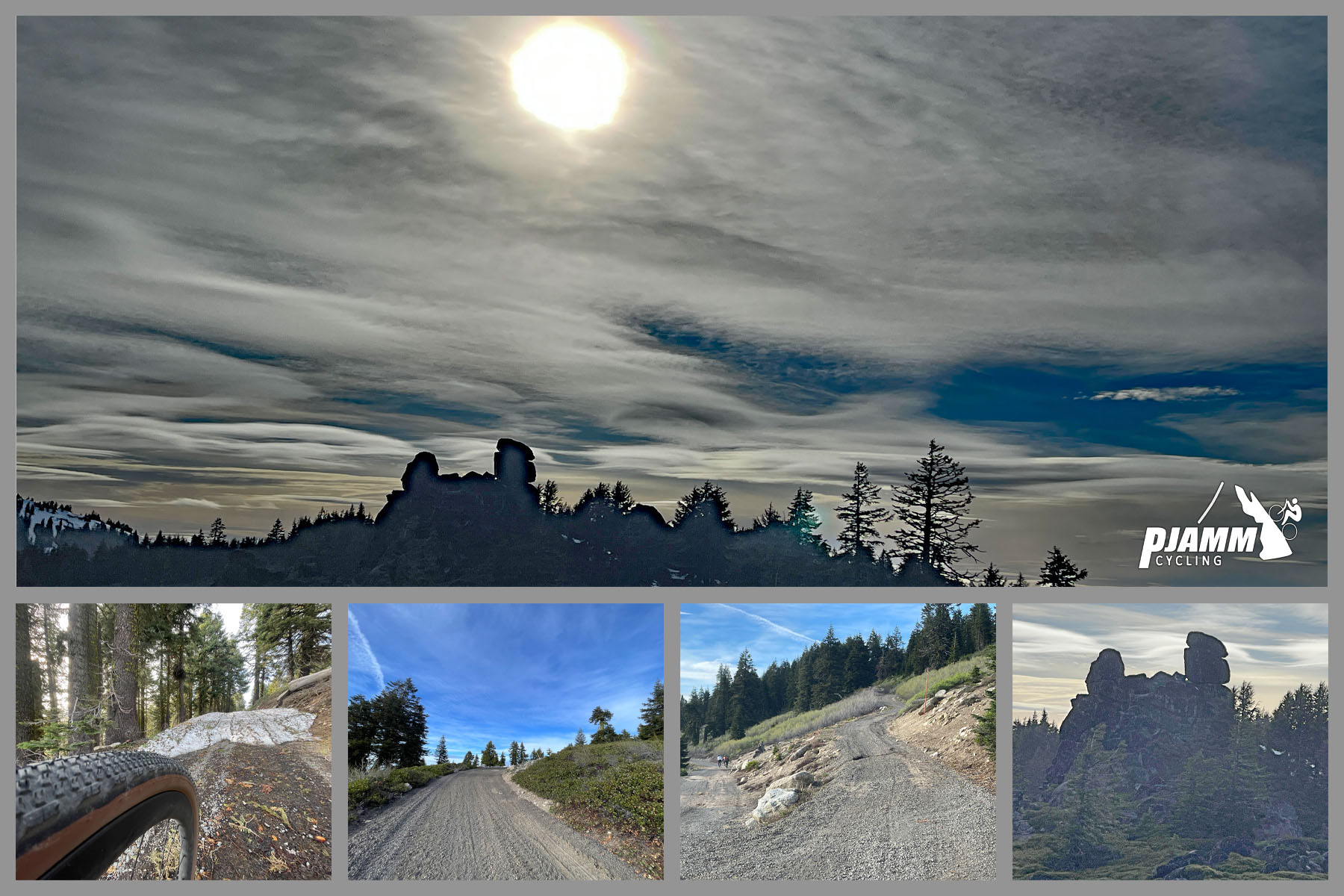 Cycling Mt. Ashland, Oregon via Loop Road: photo collage shows hoodoo rock formations near the top of the Mt. Ashland ride, gravel roadways, pine forestation