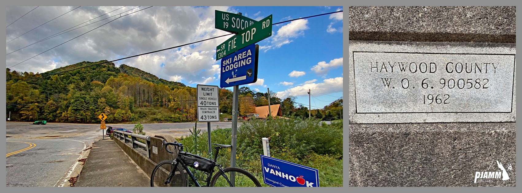 Cycling Fie Top Road, North Carolina - intersection of Fie Top Road and Route 19, stone sign says Haywood County
