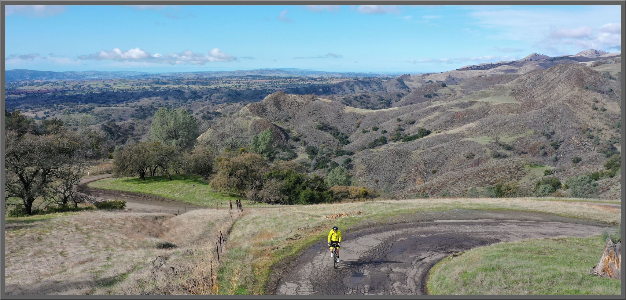 Climbing Figueroa Road by bike - Los Padres National Forest sign and road.