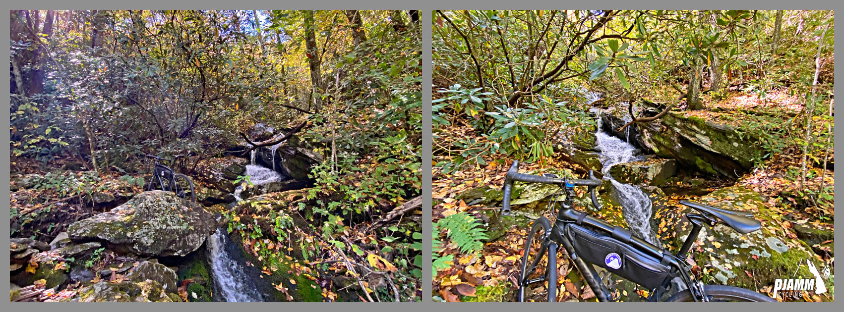 Cycling Brasstown Bald, Georgia - Soapstone Creek running along roadside, bike parked on bank of creek, fall colors, PJAMM Cycling logo in corner