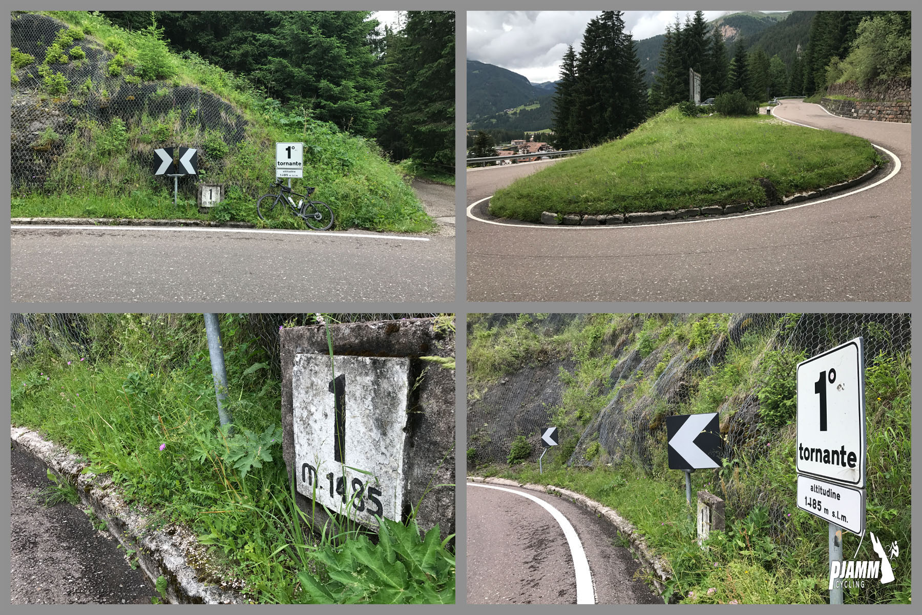 Cycling Passo Pordoi from Canazei - road signs mark the turns on the climb