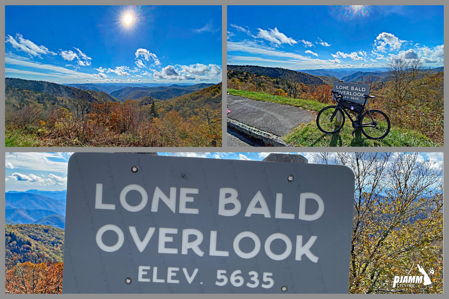 Cycling Richland Balsam, Blue Ridge Parkway - BRP Scenic overlook sign reads "Lone Bald Overlook," bike parked against sign on pathway, bright blue, sunny sky, bright orange fall foliage on hillsides surrounding