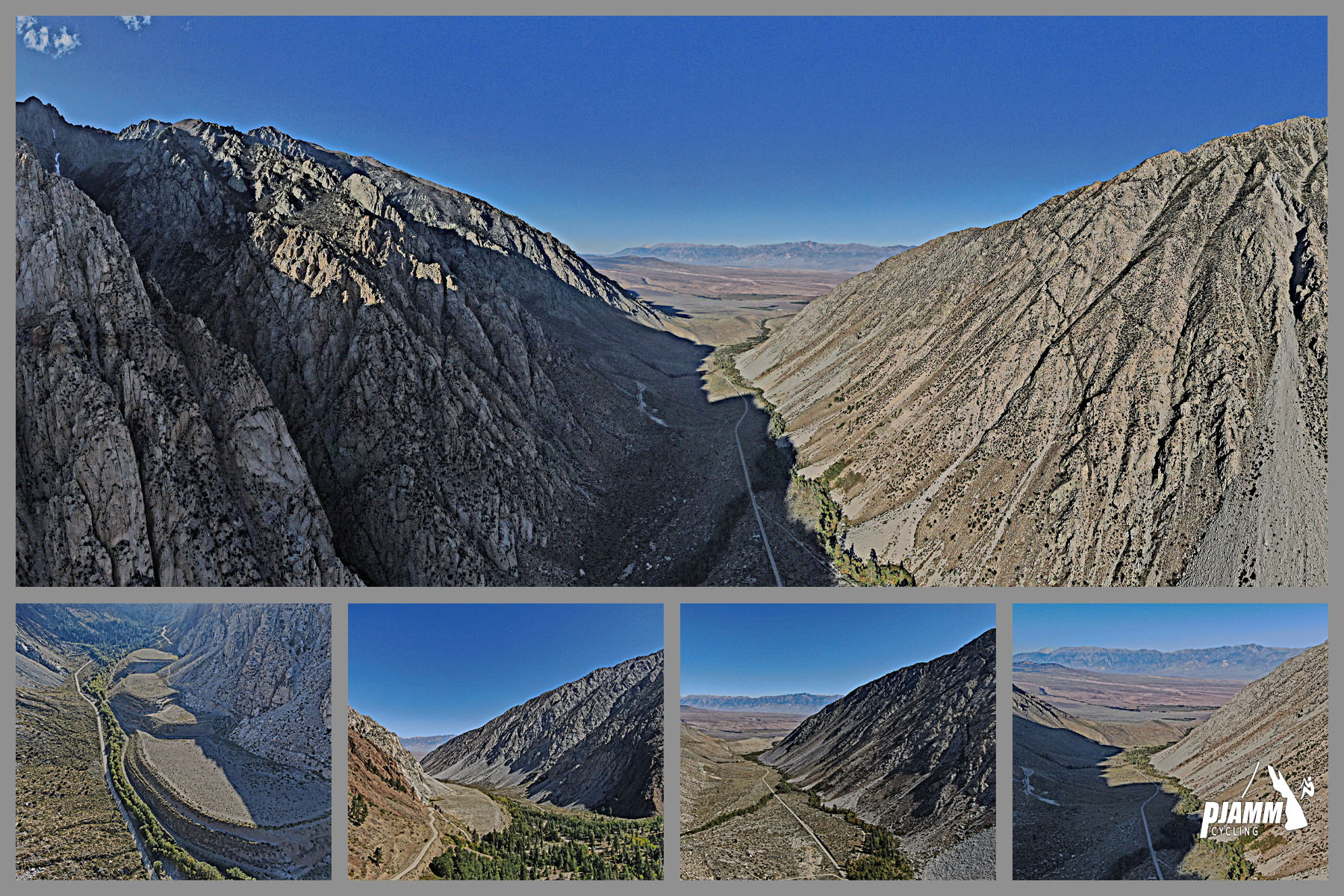 Cycling Pine Creek Road, California - aerial drone views on final two-thirds of climb, narrow canyon surrounded by high rock walls