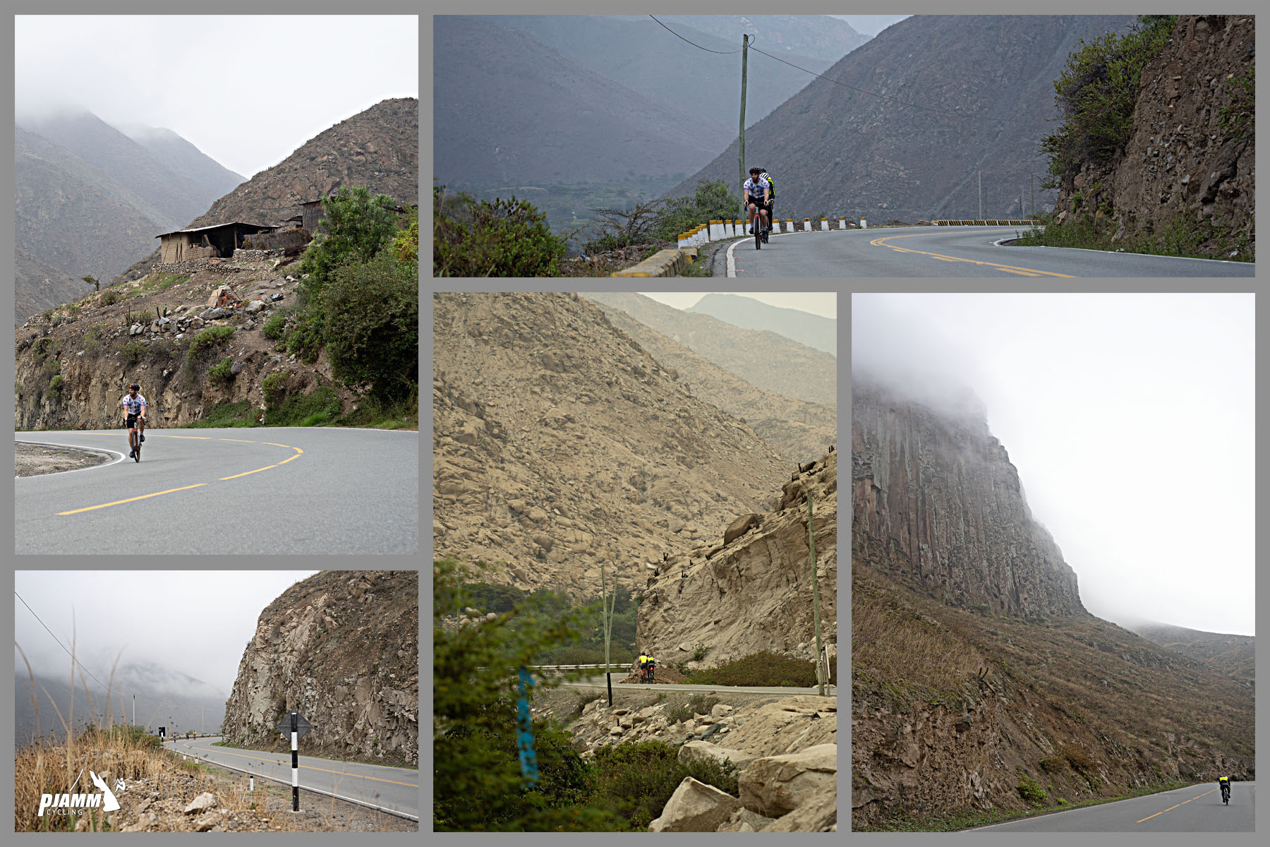 Cycling Conococha, Peru - PJAMM Cyclists ride on foggy mountain roadway
