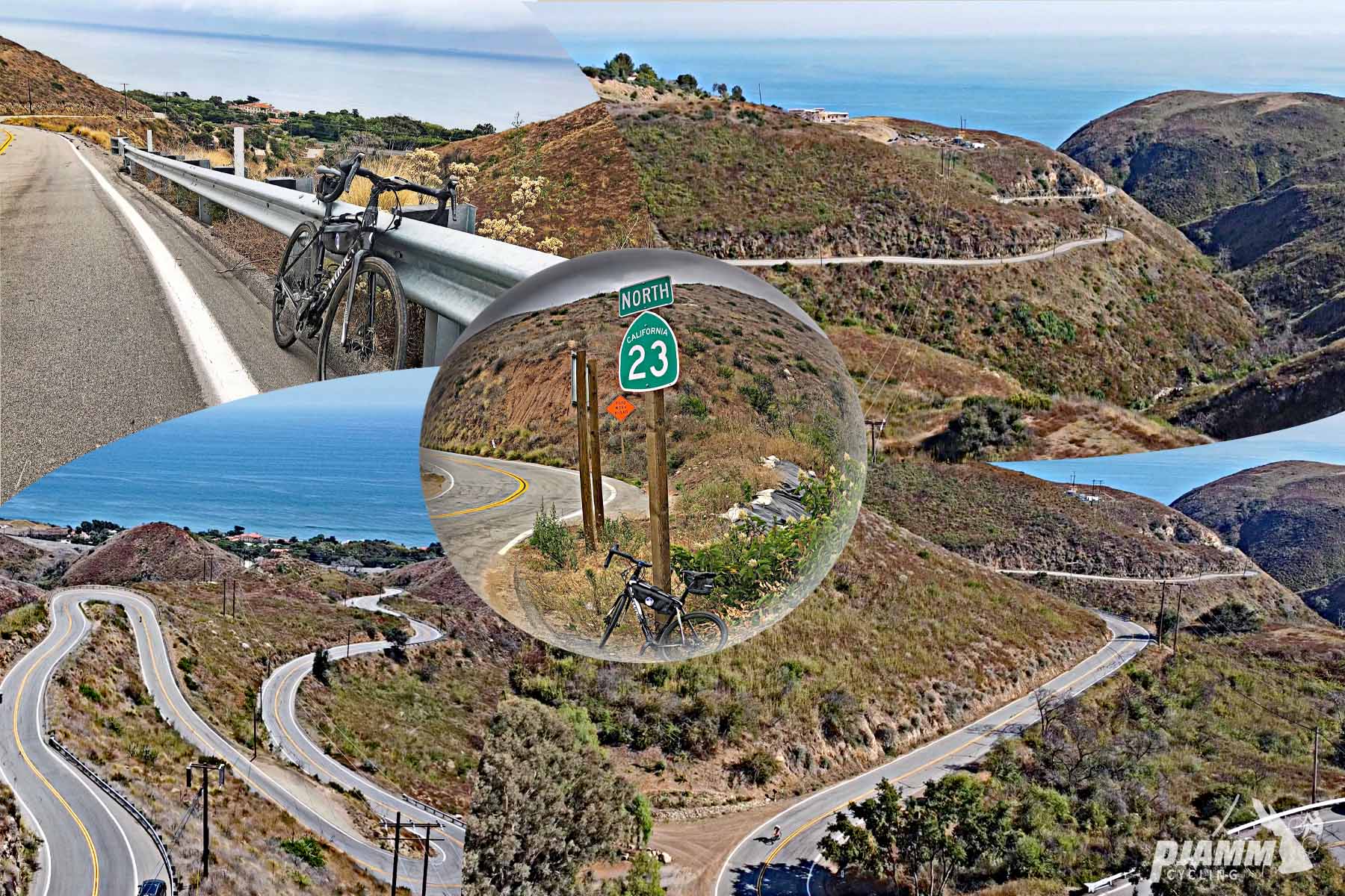 Cycling decker Road to Yerba Buena high point - photo collage, Santa Monica Mountains, bike parked against sign for 23 North, bike parked against guardrail overlooking Pacific Ocean, aerial views show road switchbacking up hillside