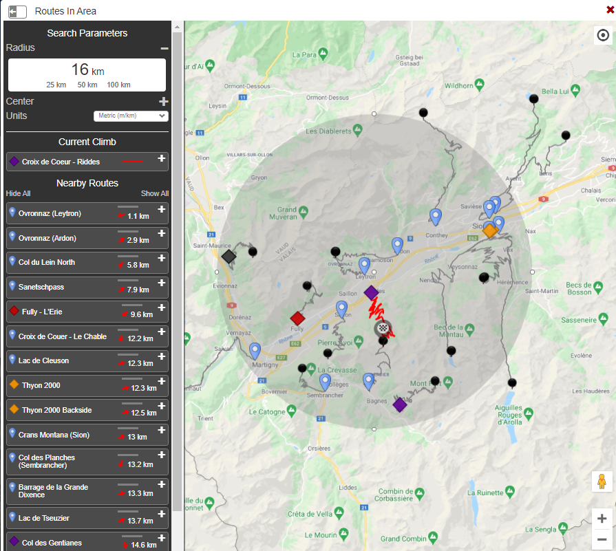 Cycling Switzerland - Top Bike Climbs - map of top climbs in area