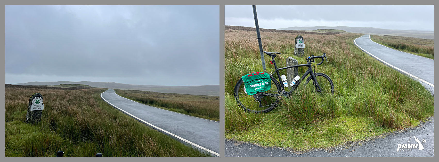 Cycling Migneint Pass, Wales bike parked at climb's finish, wide open views of moorland, foggy day