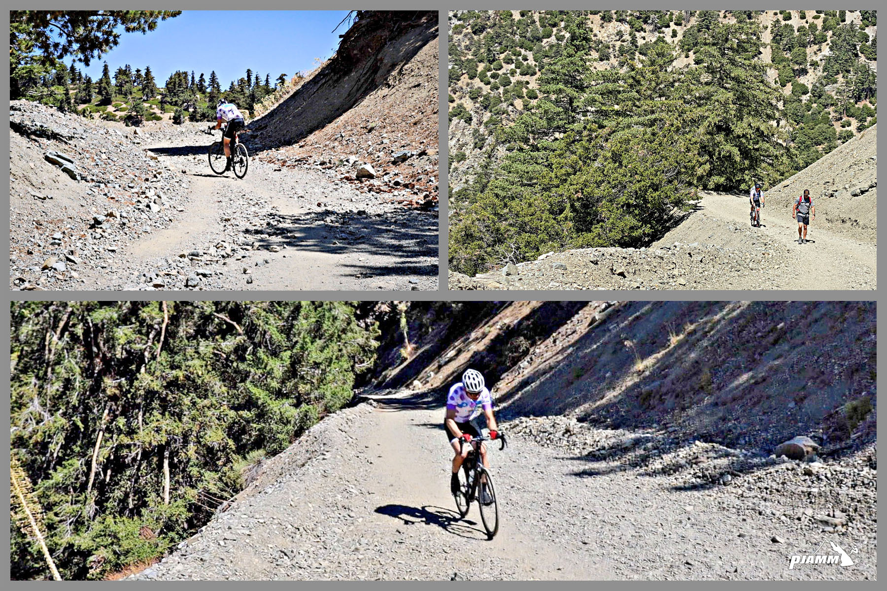 Photo collage shows PJAMM Cyclist riding up the 2.8 mile segment of gravel road on the Mt. Baldy bike climb