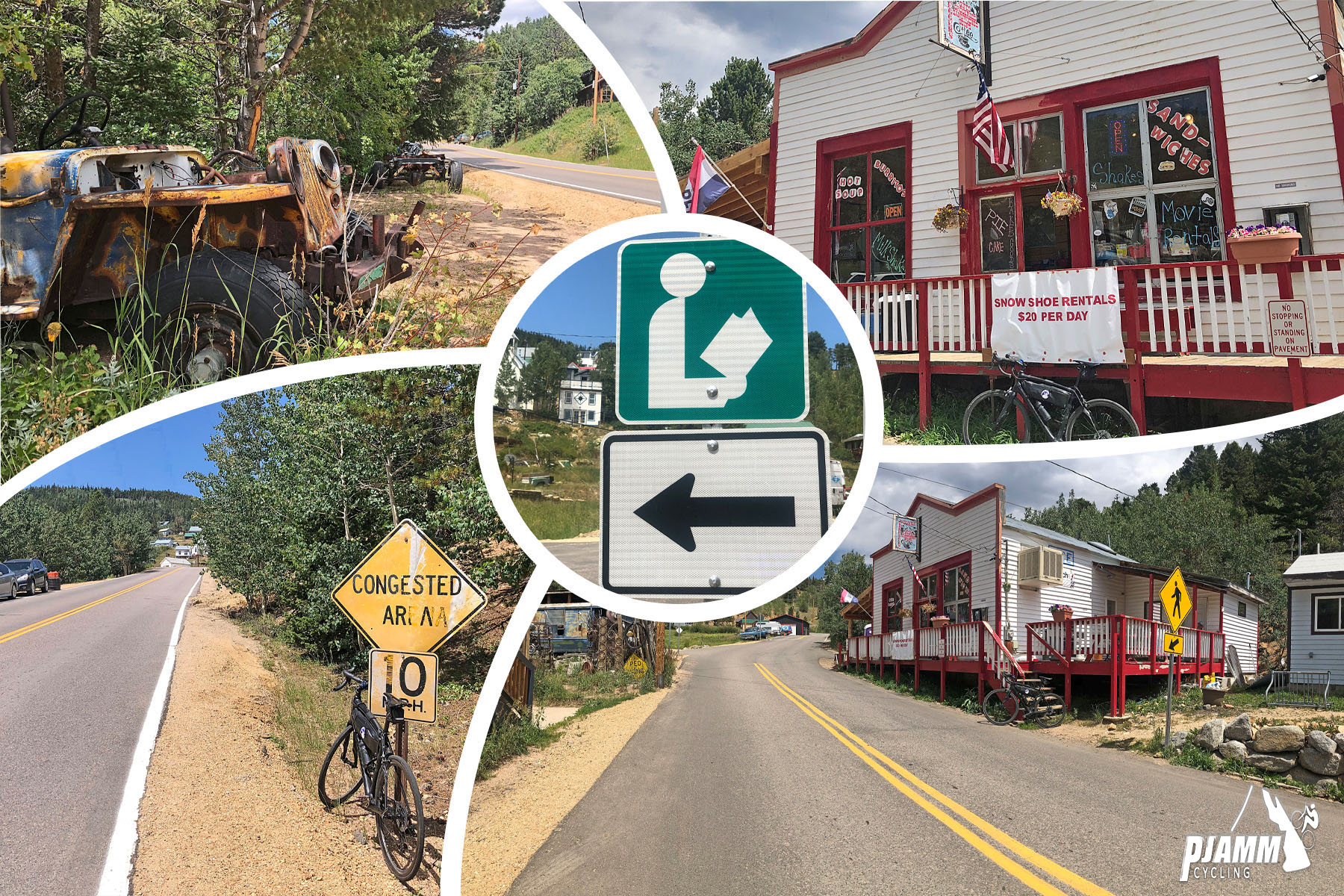 Cycling Left Hand Canyon, Boulder, Colorado - photo collage, PJAMM Cycling logo in corner, views of town of Ward, road sign of person reading a book, bike parked against weathered road sign for congested Area, old shell of rusted out car in grass on side of road, white and red building with sign for Snowshoe rental