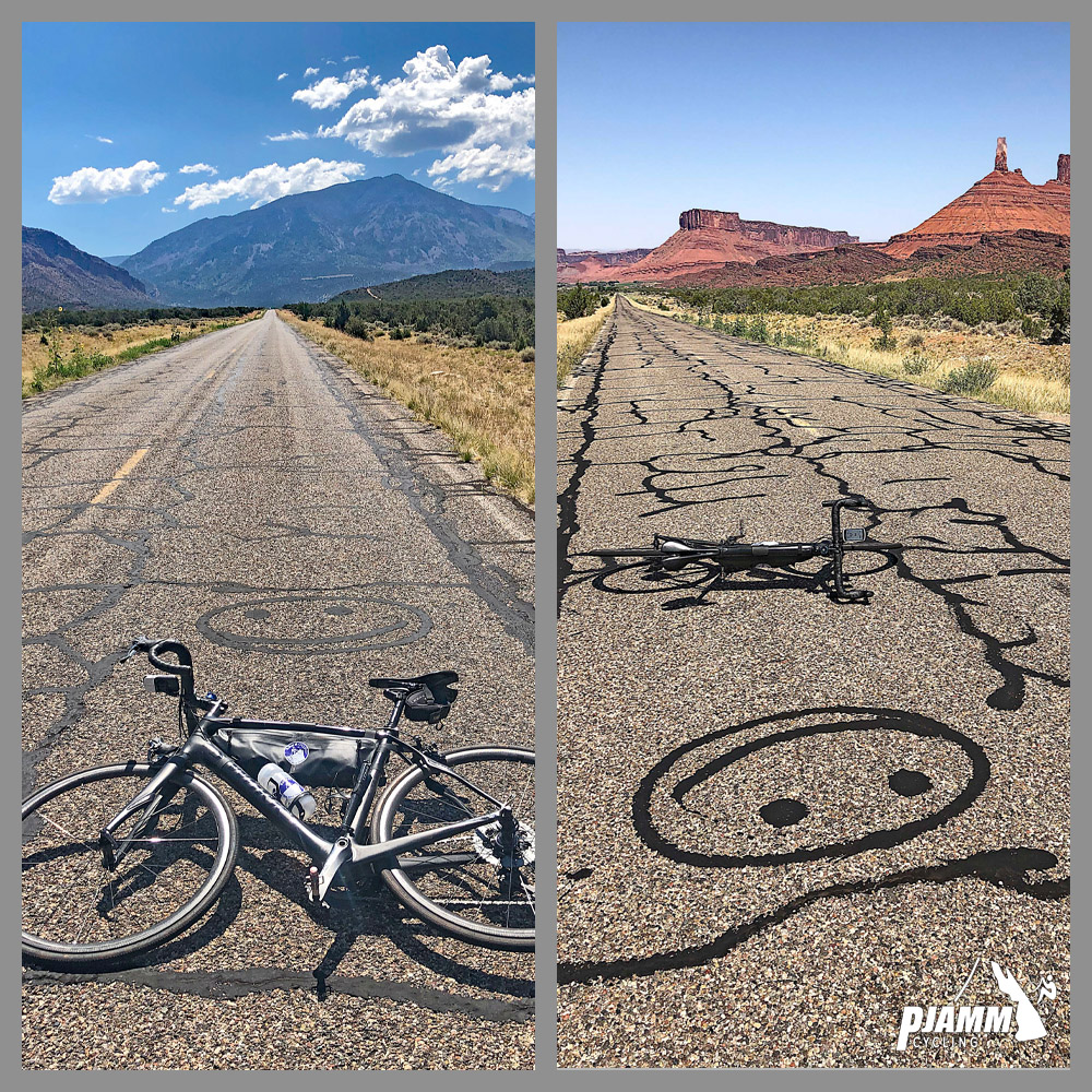 Cycling La Sal Loop Road at Castle Valley - photo collage, PJAMM Cycling logo in corner, bike parked in center of roadway near smiley face painted in roadway with asphalt sealer