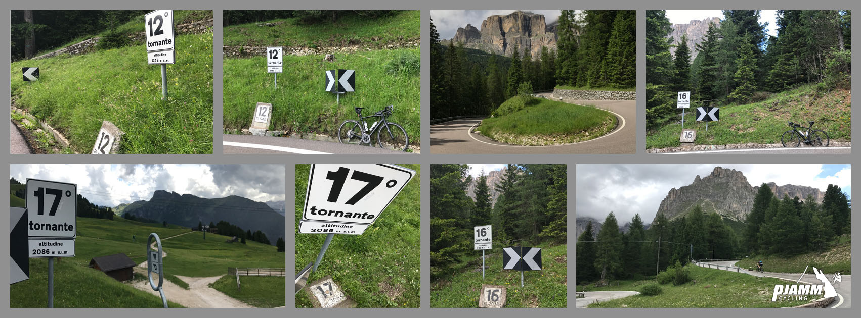 Cycling Passo Pordoi from Canazei - road signs mark the turns on the climb