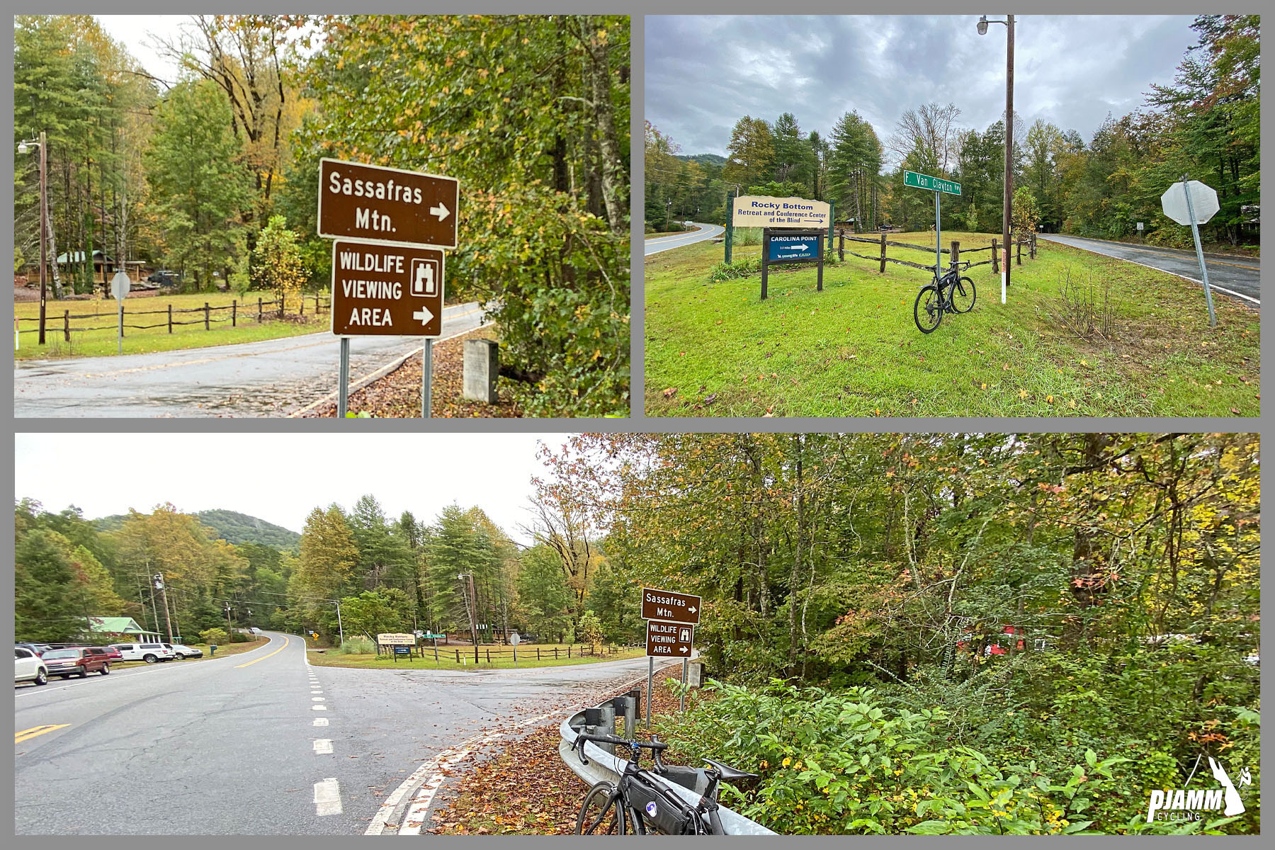 Cycling Sassafras Mountain, South Carolina - climb start, sign for Sassafras Mountain Wildlife Viewing Area