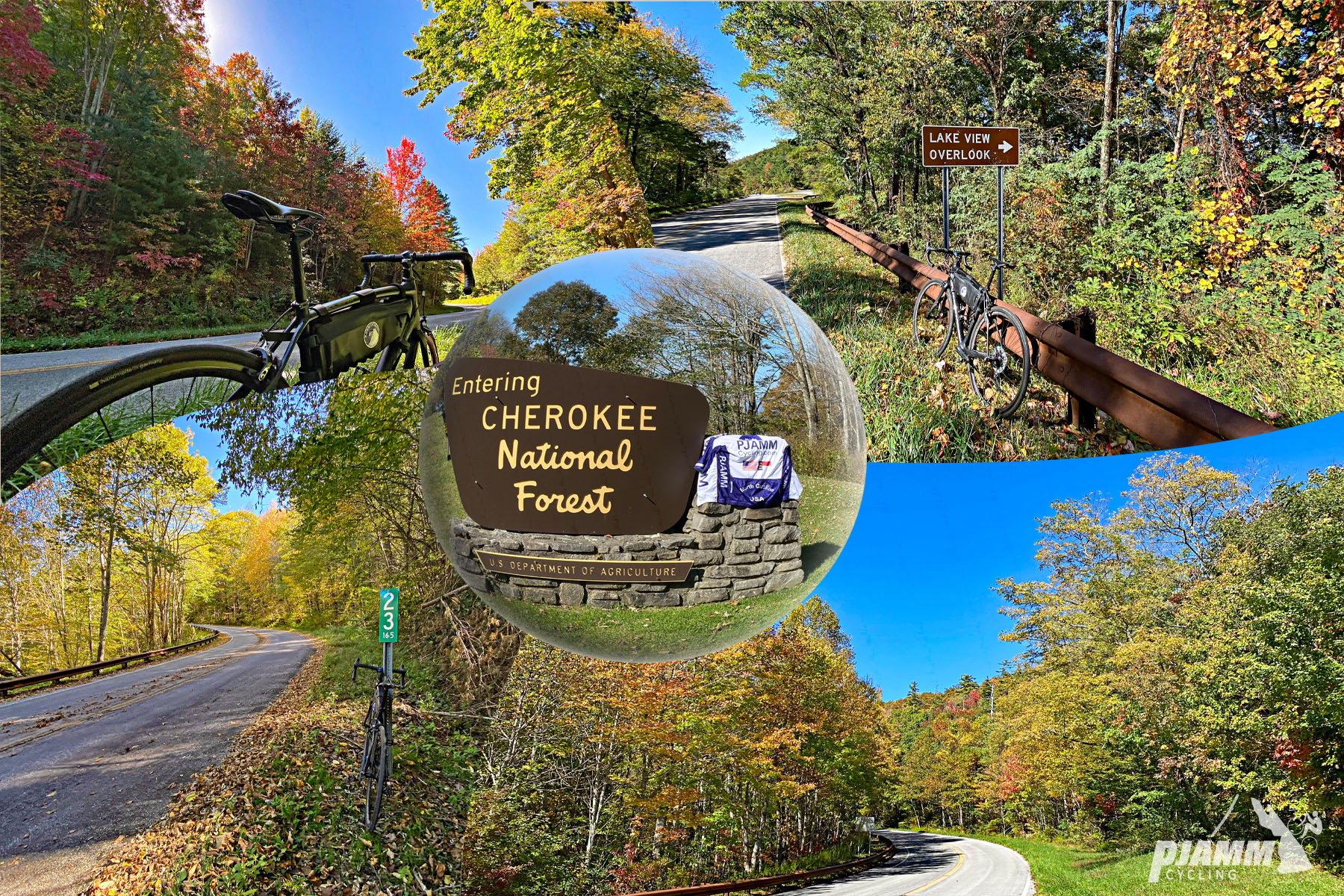 Cycling Cherohala Skyway, Tennessee - photo collage, PJAMM Cycling jersey draped over sign for Cherokee fall colors, sign for lake view overlook, National Forest, bike parked on roadside surrounded in PJAMM Cycling logo in corner