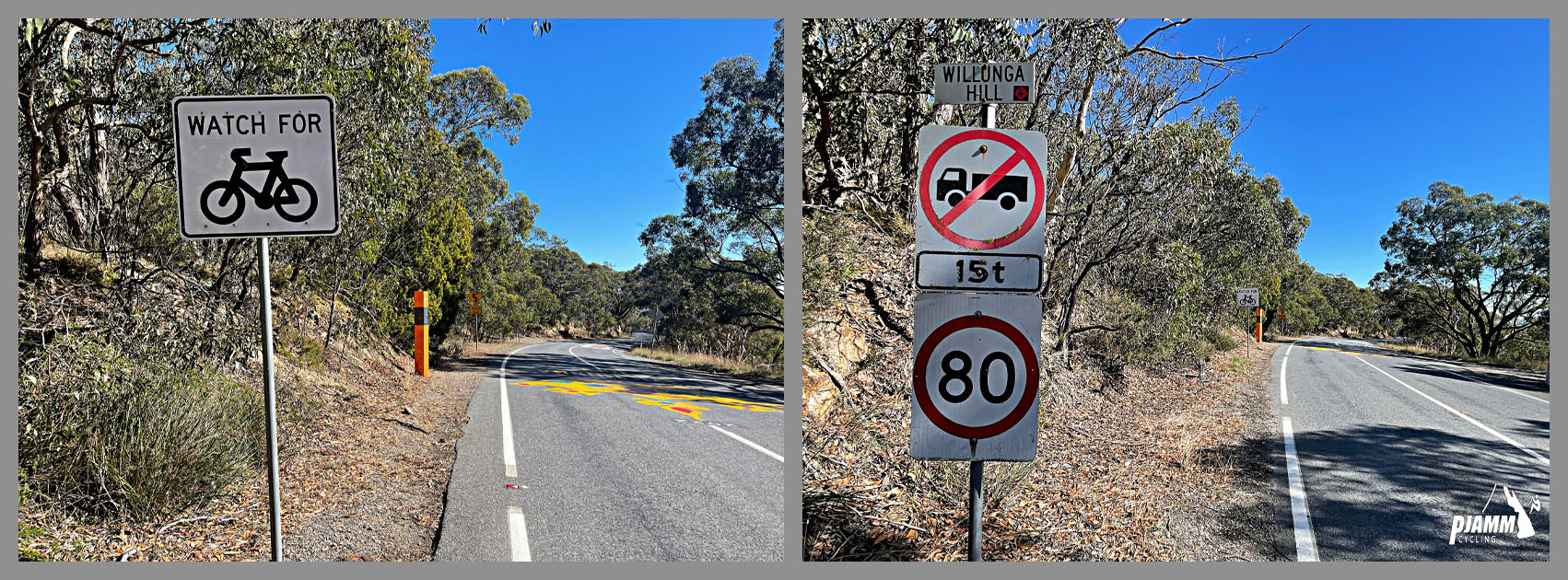 Cycling Old Willunga Hill Road, South Australia road signs remind drivers to watch for bicyclists; no trucks aloud on Willunga Hill road