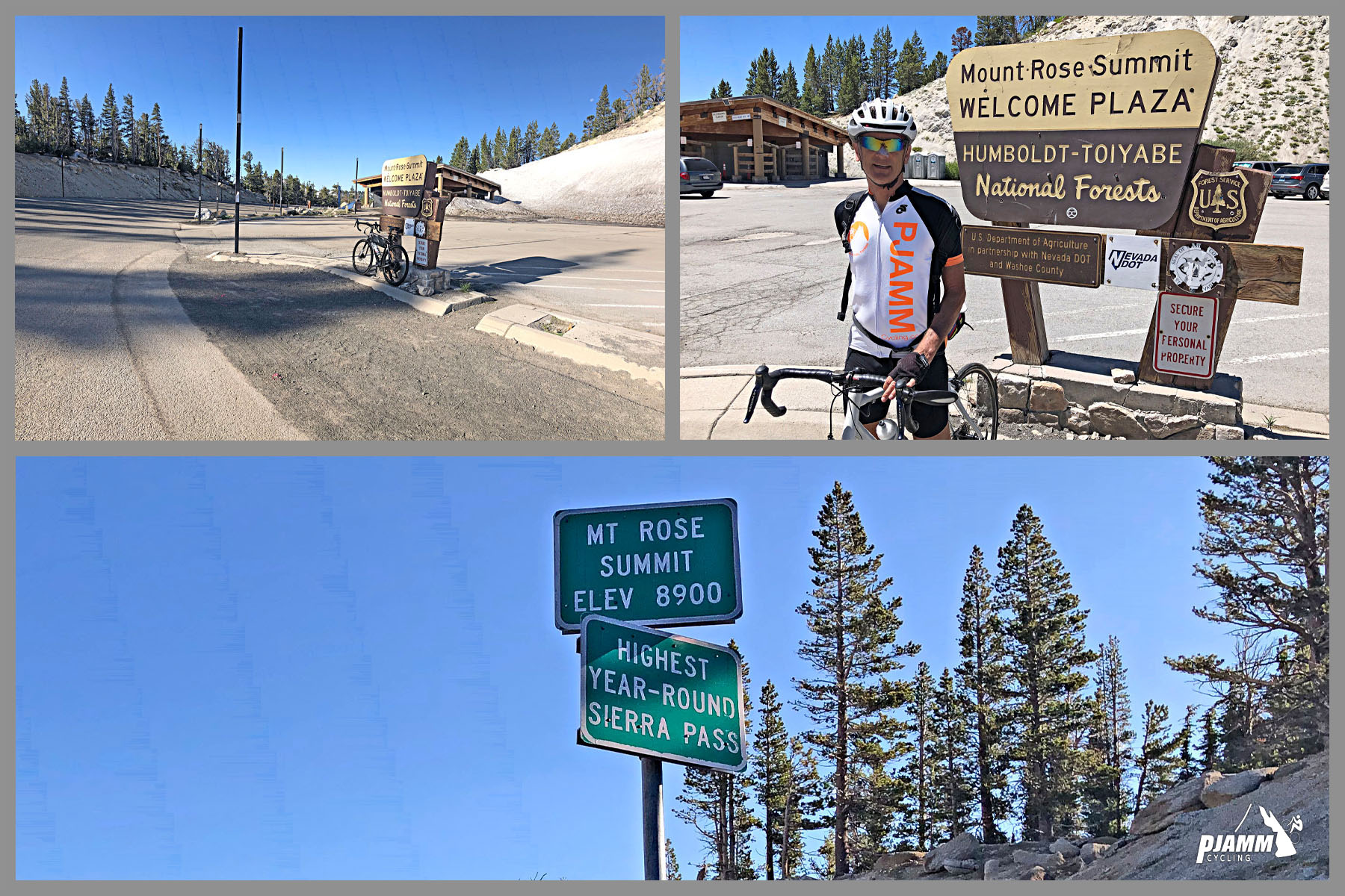 Cycling Mt. Rose East, Nevada - signs for Mt. Rose Summit, PJAMM Cyclist stands with bike next to NPS Sign for Mount Rose Summit Plaza, Humboldt-Toiyabe National Forests