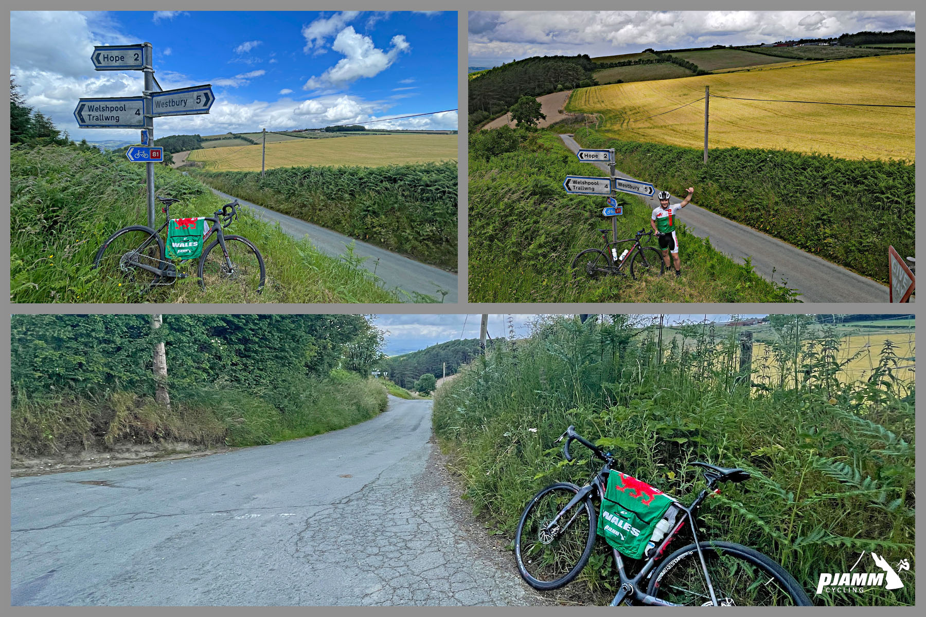 PJAMM Cyclist stands with bike next to street signs and waves at climb finish