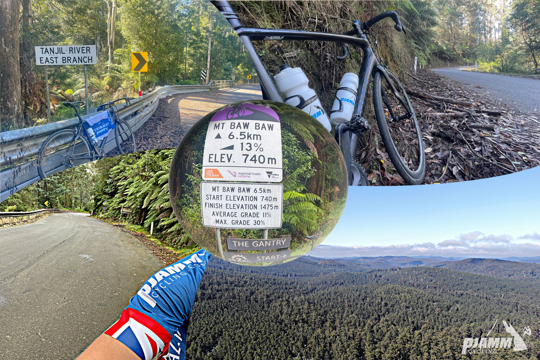 photo collage shows Tour down Under sign for Mt. Baw Baw; bike parked next to sign for Tanjil River East Beach; aerial drone photo shows how densely forested the entire climb is