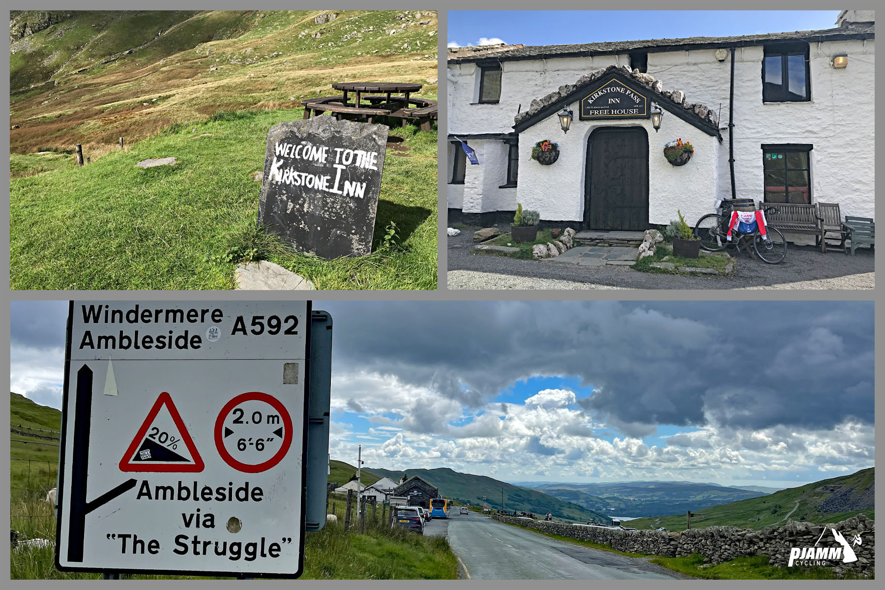 photo collage shows road sign reading 20% grade, Ambleside via "The Struggle," and the front of Kirkstone Inn
