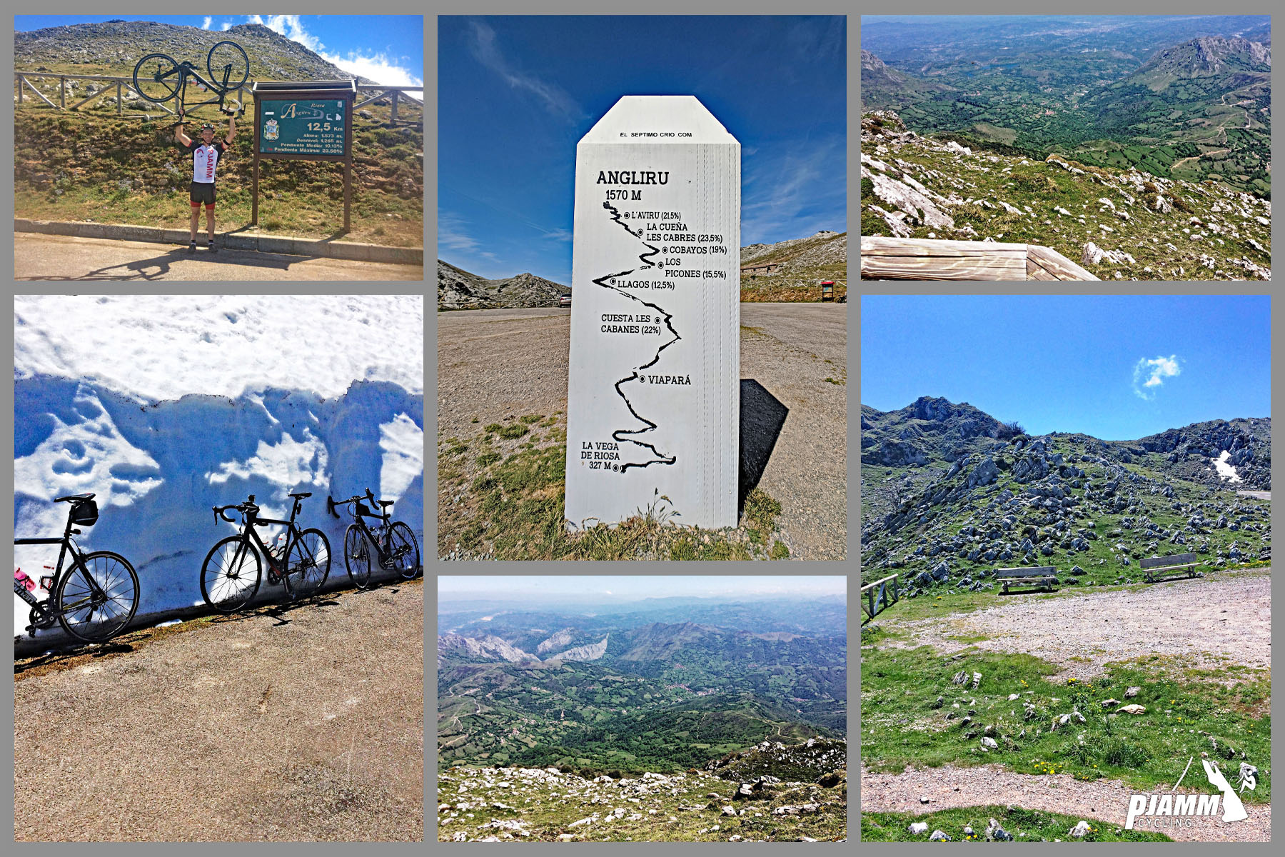 Cycling Alto de l'Angliru, Spain - photo collage at climb's finish, PJAMM Cyclist holds bike next to summit sign, large white stone sign shows map of Angliru, bikes parked against wall of snow on roadside, panoramic views looking down mountainside, PJAMM Cycling logo in corner