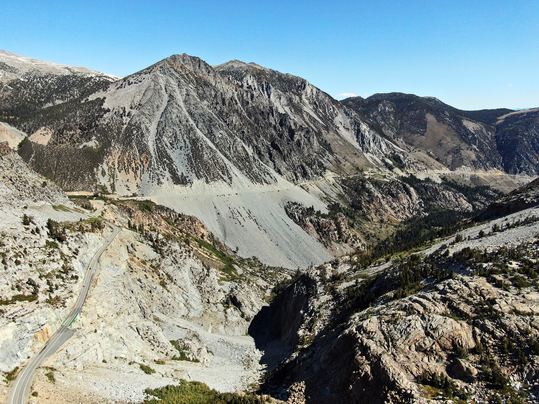 Aerial drone view shows amazing rock formations on Tioga Pass