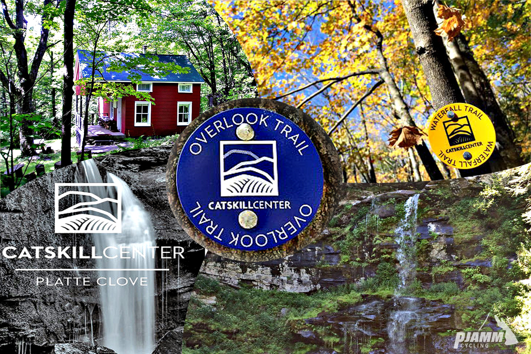 Cycling Devil's Kitchen, Platte Clove Road, New York - photo collage, PJAMM Cycling logo in corner, blue black for Catskill Center Overlook Trail, Platte Clove Road sign with waterfall behind it, red cabin building in forested land, fall foliage with sign for "Waterfall Trail"