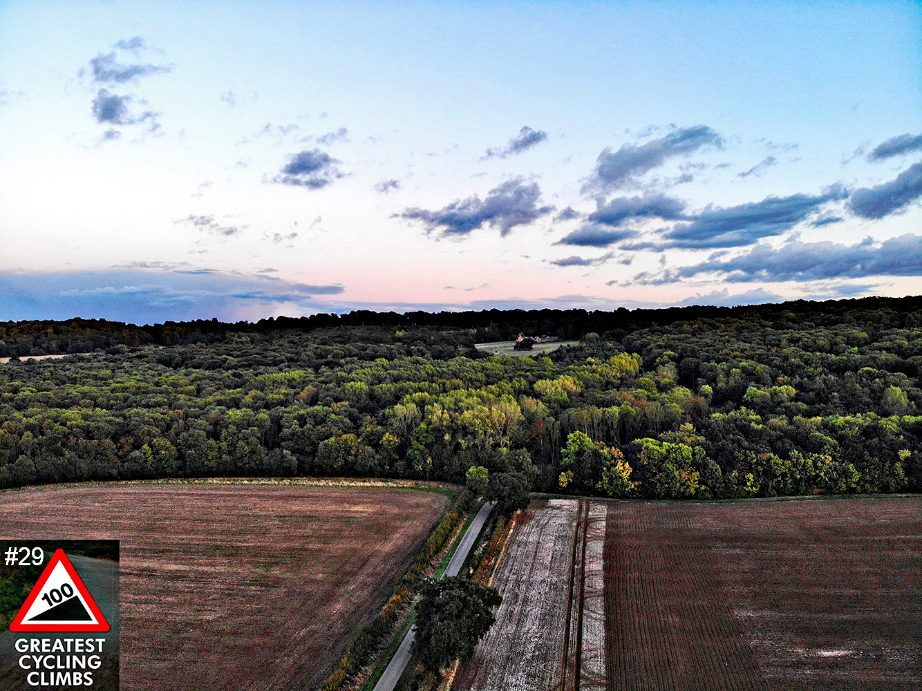 Cycling Terrace Hill - #29 100 Greatest Cycling Climbs, Britain, aerial drone photo of roadway at top and clouds