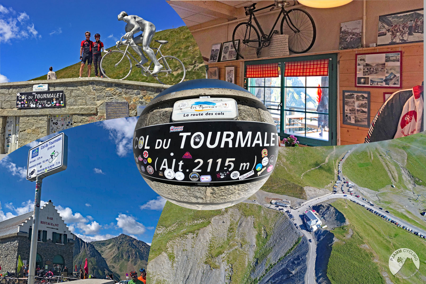 Photo collage shows silver biker statute at top of Col du Torurmalet, views from the climb summit, sign for Col du Tourmalet, Tour de France 2022