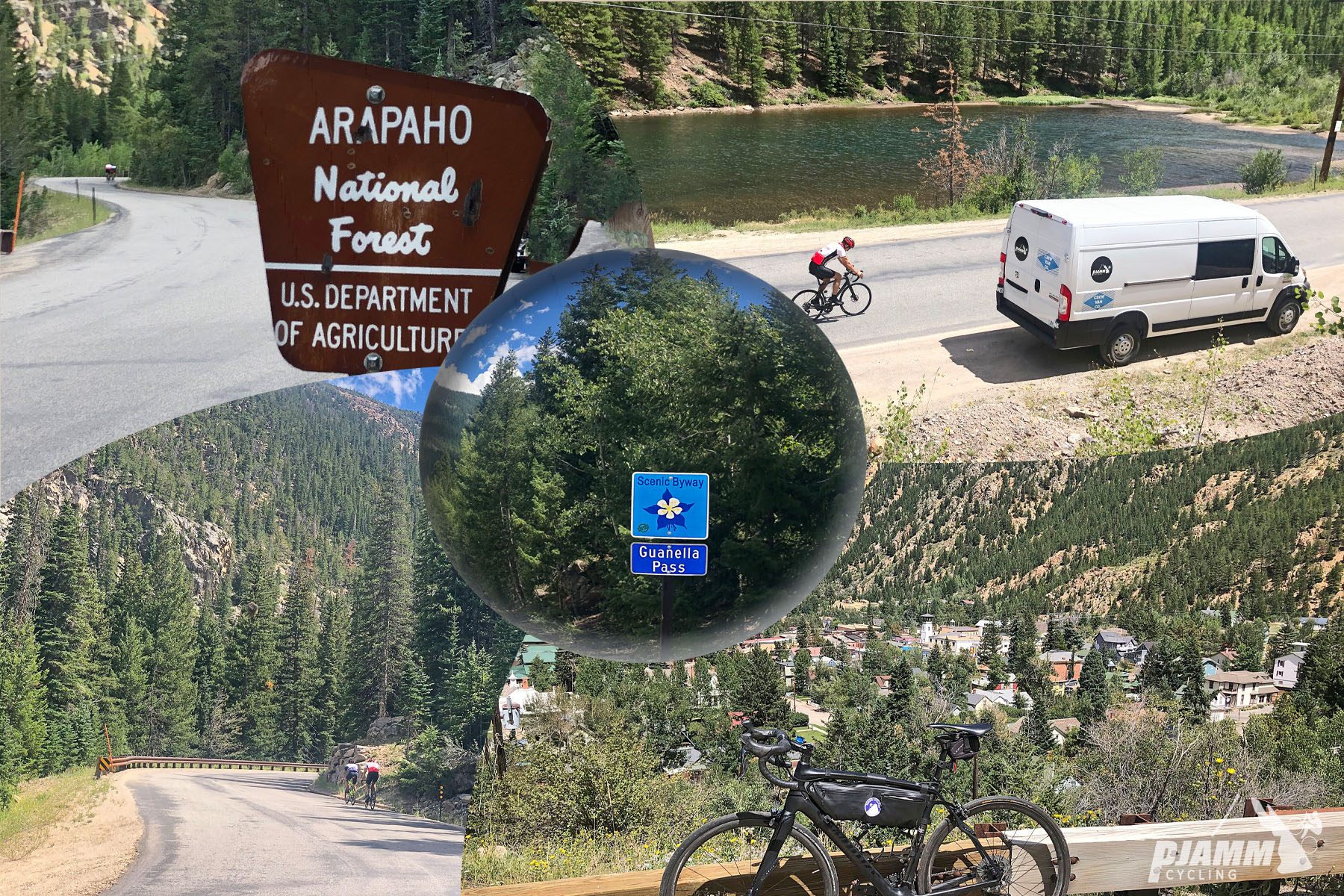Cycling Guanella Pass Cycling Guanella Pass - photo collage, PJAMM Cycling logo in corner, sign for Arapaho National forest, bike leaning against railing overlooking town nestled in mountains, cyclist riding on roadway next to white PJAMM SAG van
