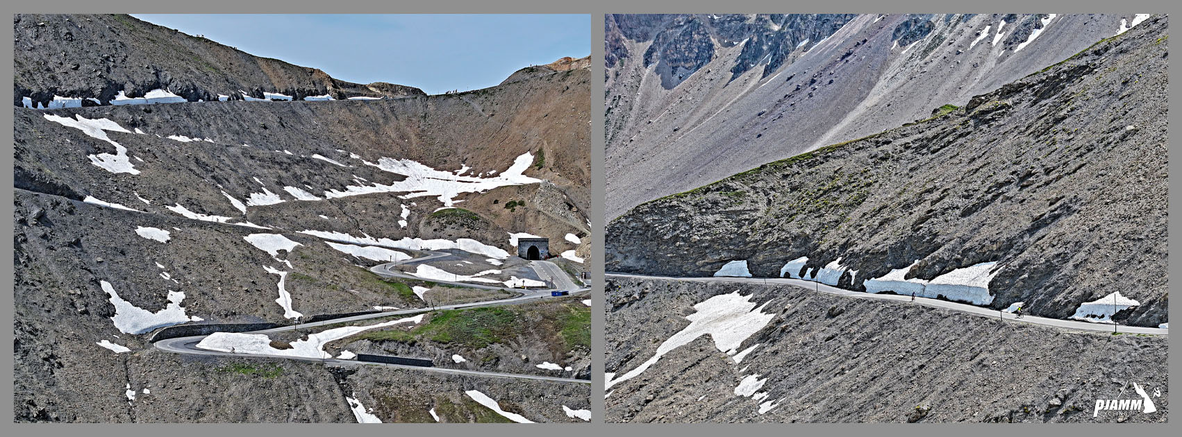 Cycling Col du Galibier & Telegraphe: photo collage shows final hairpins at climb finish, patches of snow lining the roadway
