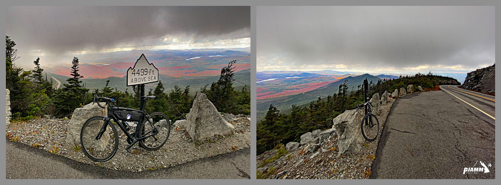 Cycling Whiteface Mountain, New York - bike parked along roadside next to white mountain shaped elevation marker sign, overlooking incredible panoramic views below