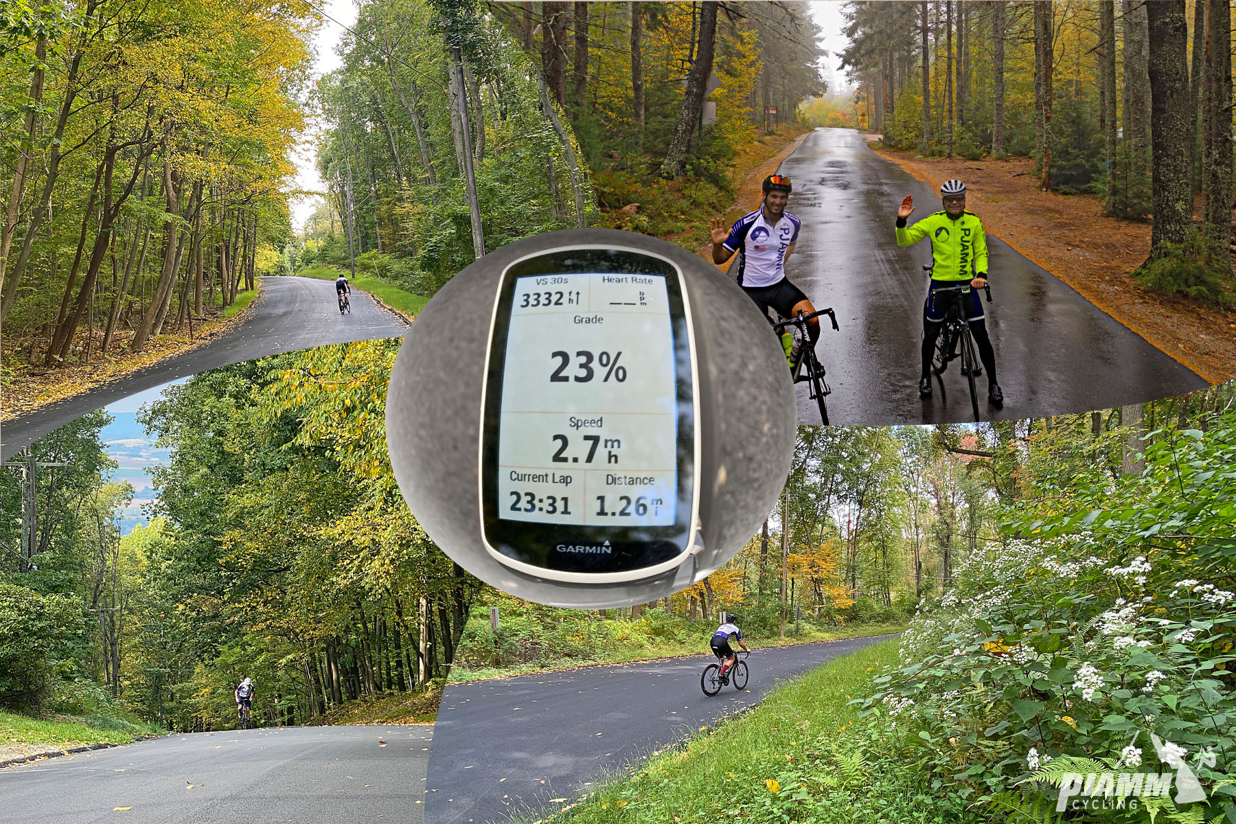 Cycling Fiddlers Elbow, New Jersey - photo collage, greenish and yellow fall foliage, two PJAMM Cyclists standing on one-lane roadway with bikes waving, Garmin device showing 23% grade, PJAMM Cycling logo in corner