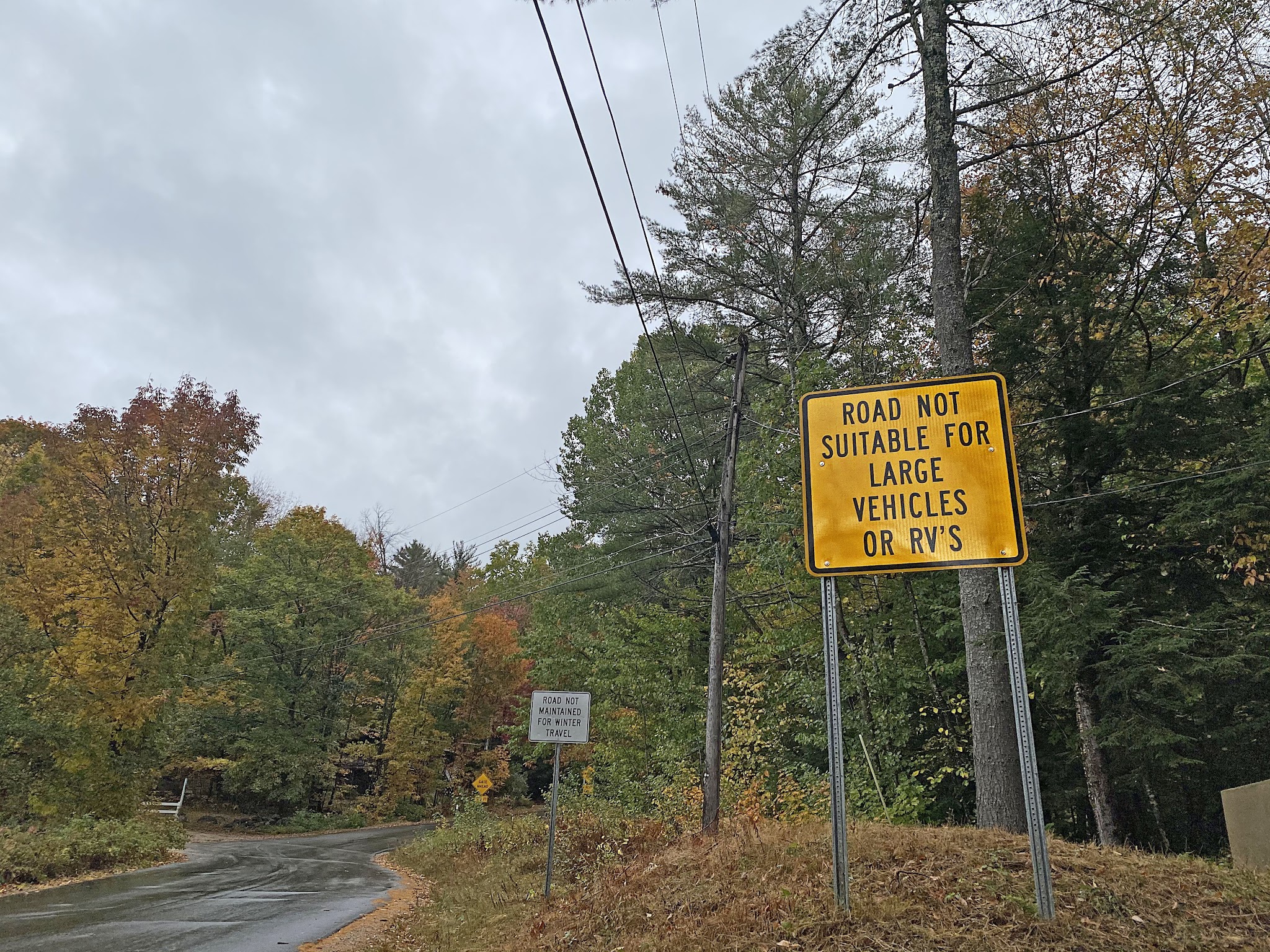 Cycling Hurricane Mountain Road West, New Hampshire - road sign reads " Road Not Suitable For Large Vehicles or RV's"