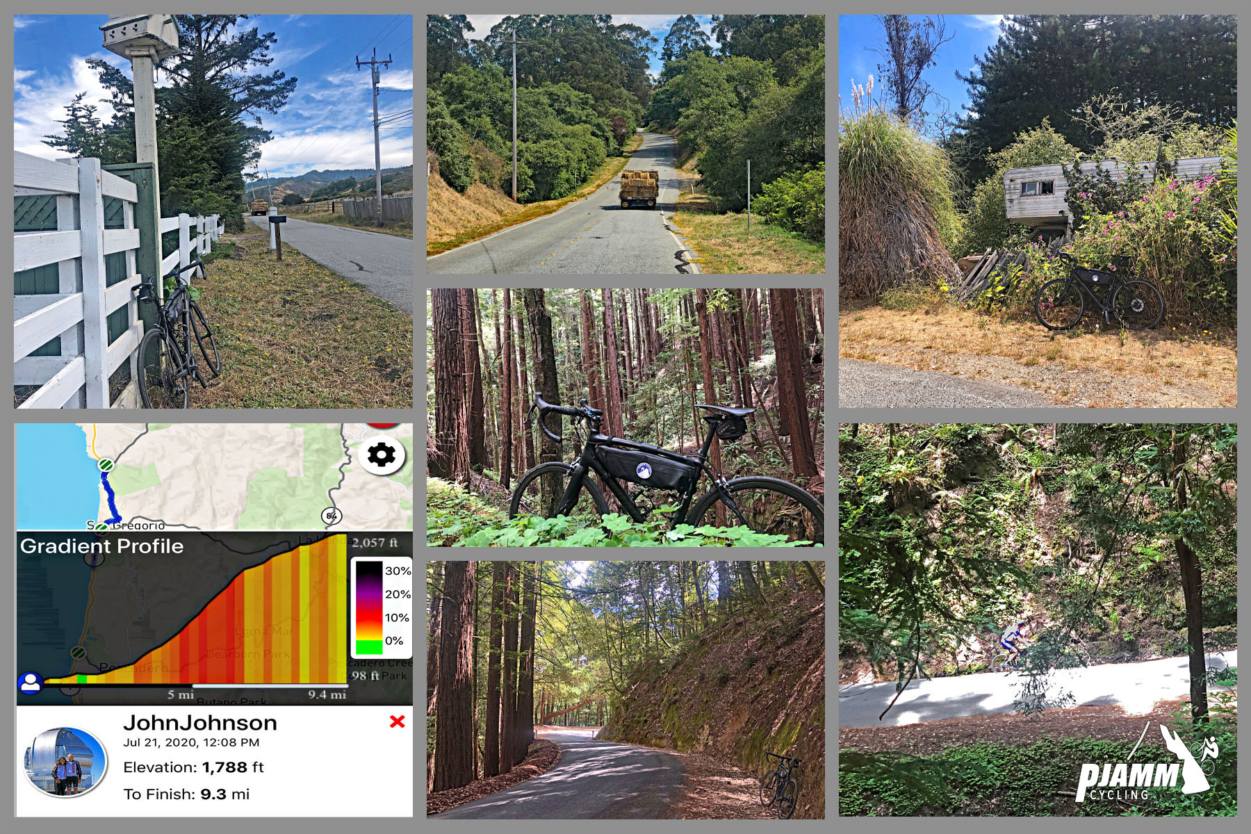 Cycling Tunitas Creek Road - photo collage, bike leaning against white fence beneath bird feeder on side of road, car traveling on narrow country lane, cyclist riding on redwood tree-lined road, bike posed in ferns beneath dense redwood forest, ride gradient profile