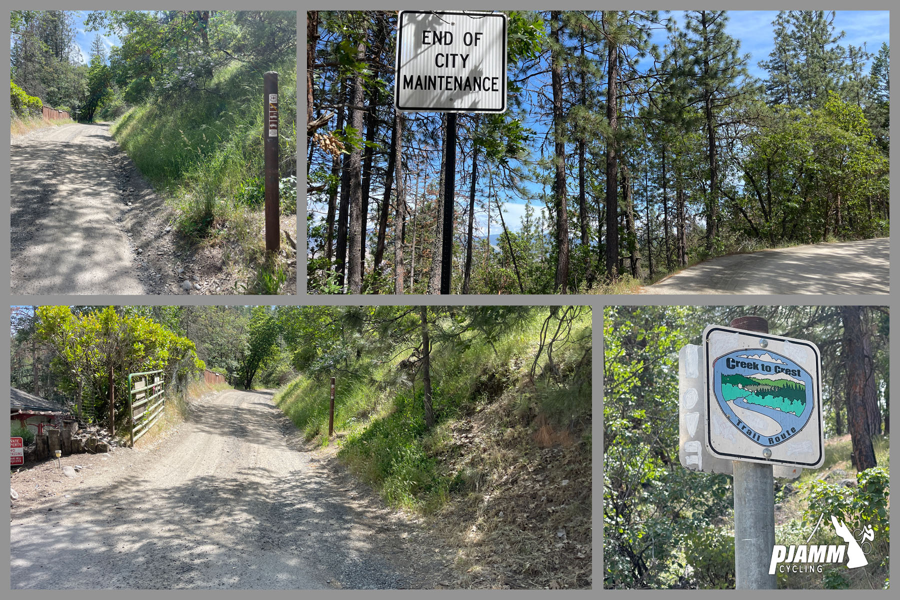 Cycling Mt. Ashland, Oregon via Loop Road: photo collage shows narrow, gravel roadway with road signs reading "End of City Maintenance," and "Creek to Crest Trail Route"