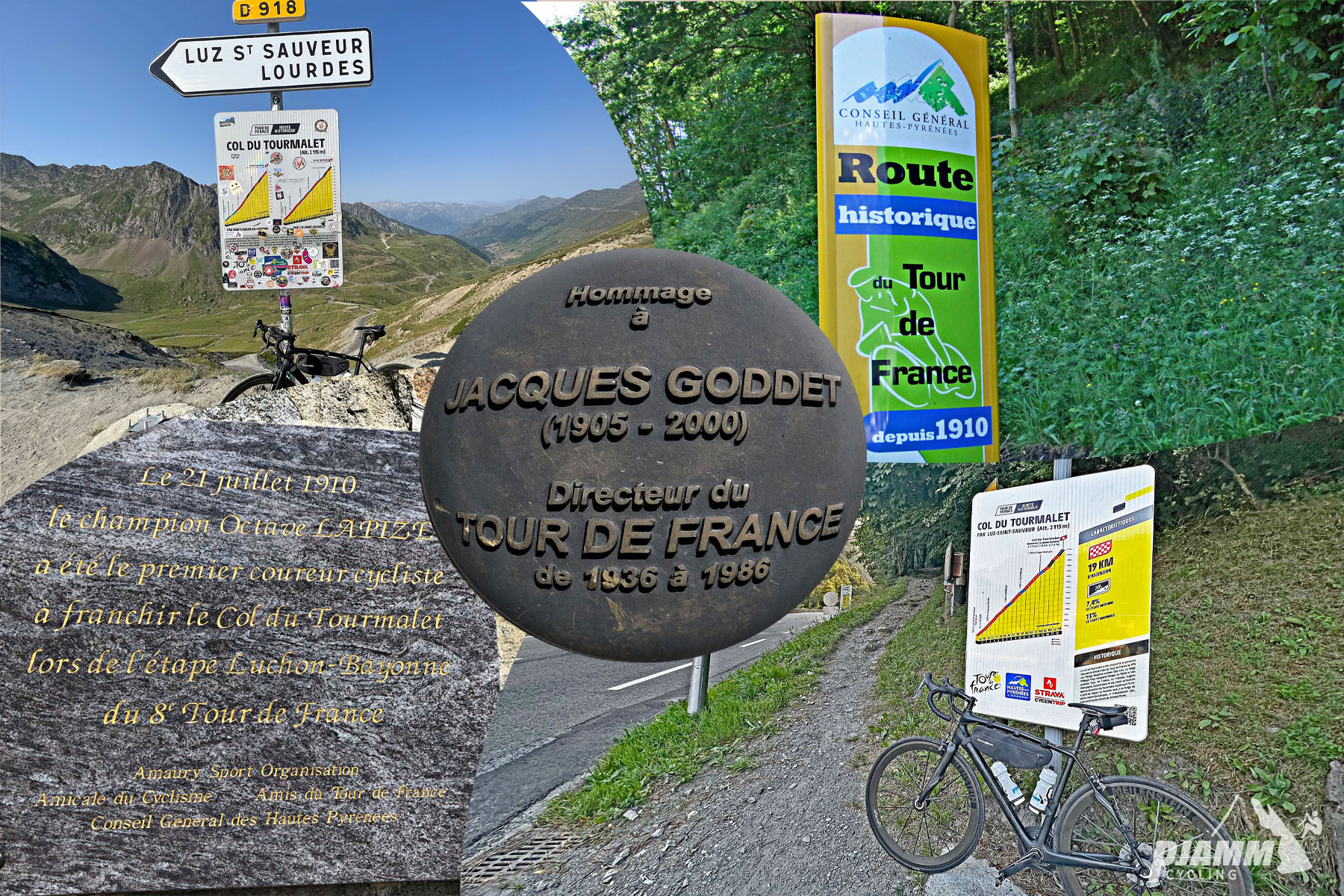 photo collage shows various Tour de France signs along the route