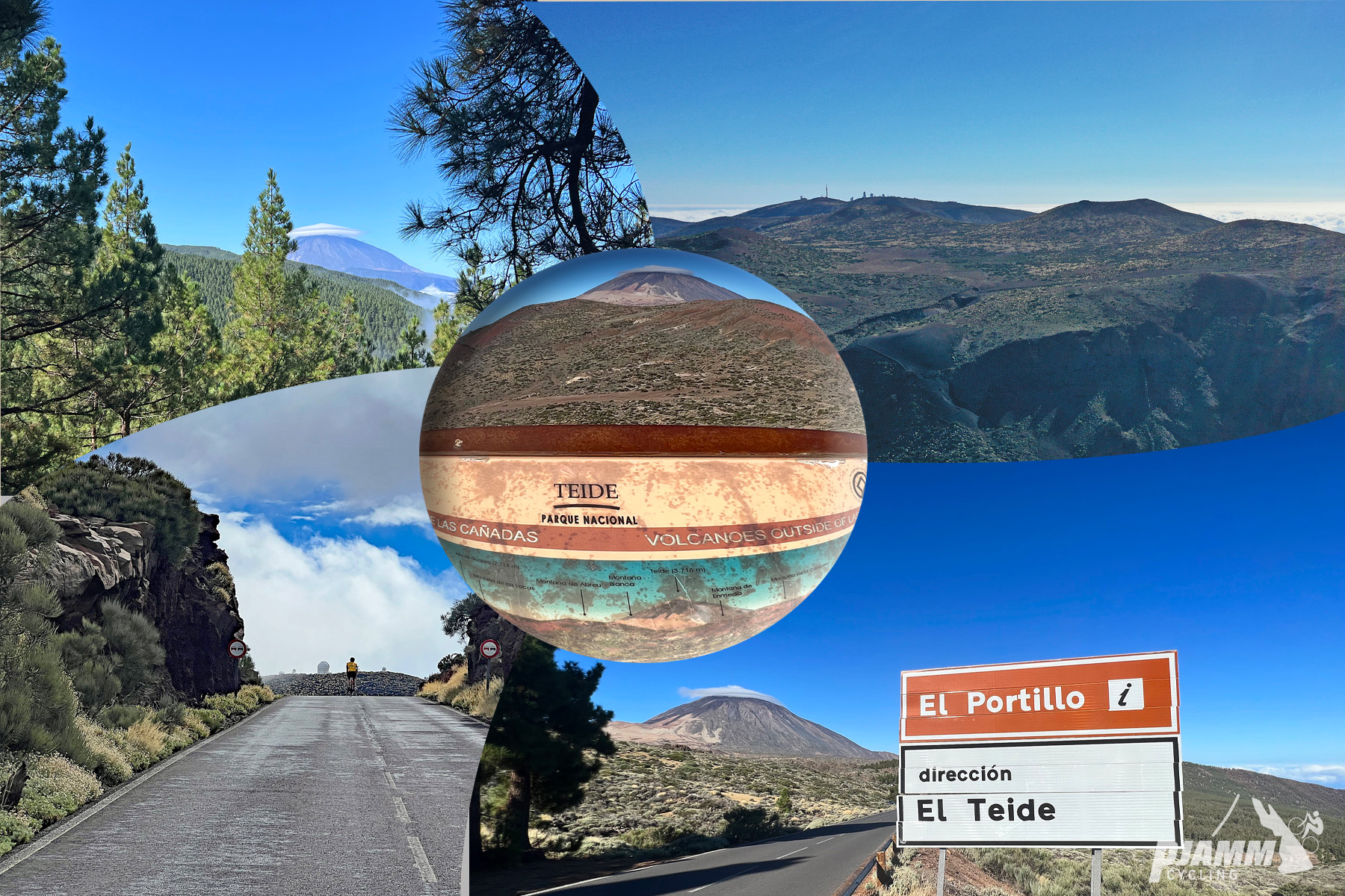 photo collage shows views of Mt. Teide, signs for El Portillo and El Teide