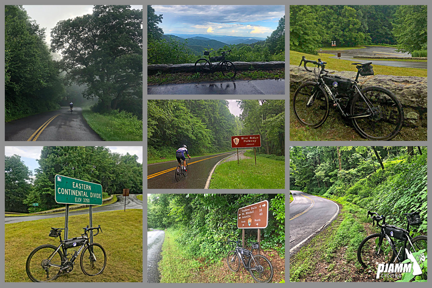Climbing Mt. Mitchell by bike - photo collage, dense tree-lined road, bicycle leaning against grey retaining wall, bicycle leaning against Easter Continental Divide road sign