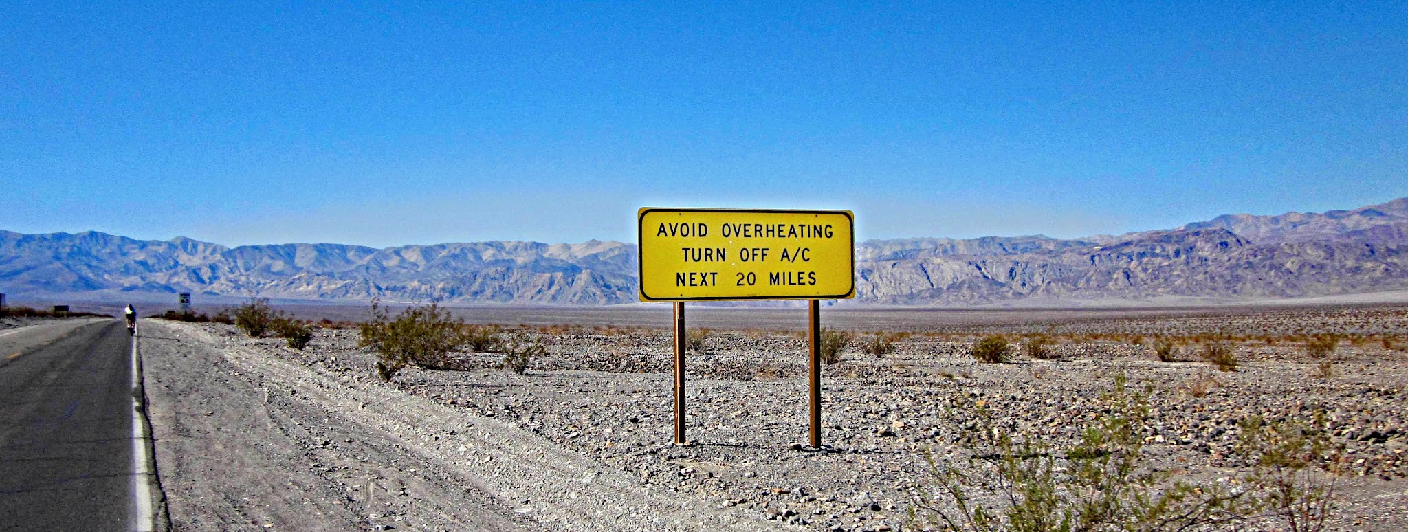California's most epic bike climbs - bike climb Emigrant Pass, Death Valley National Park - turn off air conditioner sign