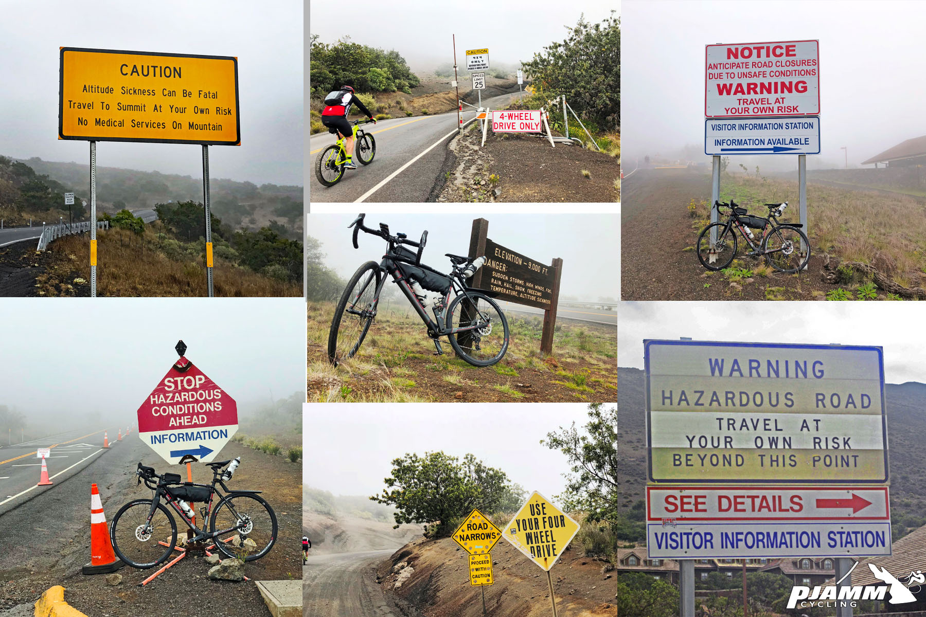 Cycling the Top 10 USA Hardest Climbs - Warning Sings for hazardous road conditions on Mauna Kea, Hawaii