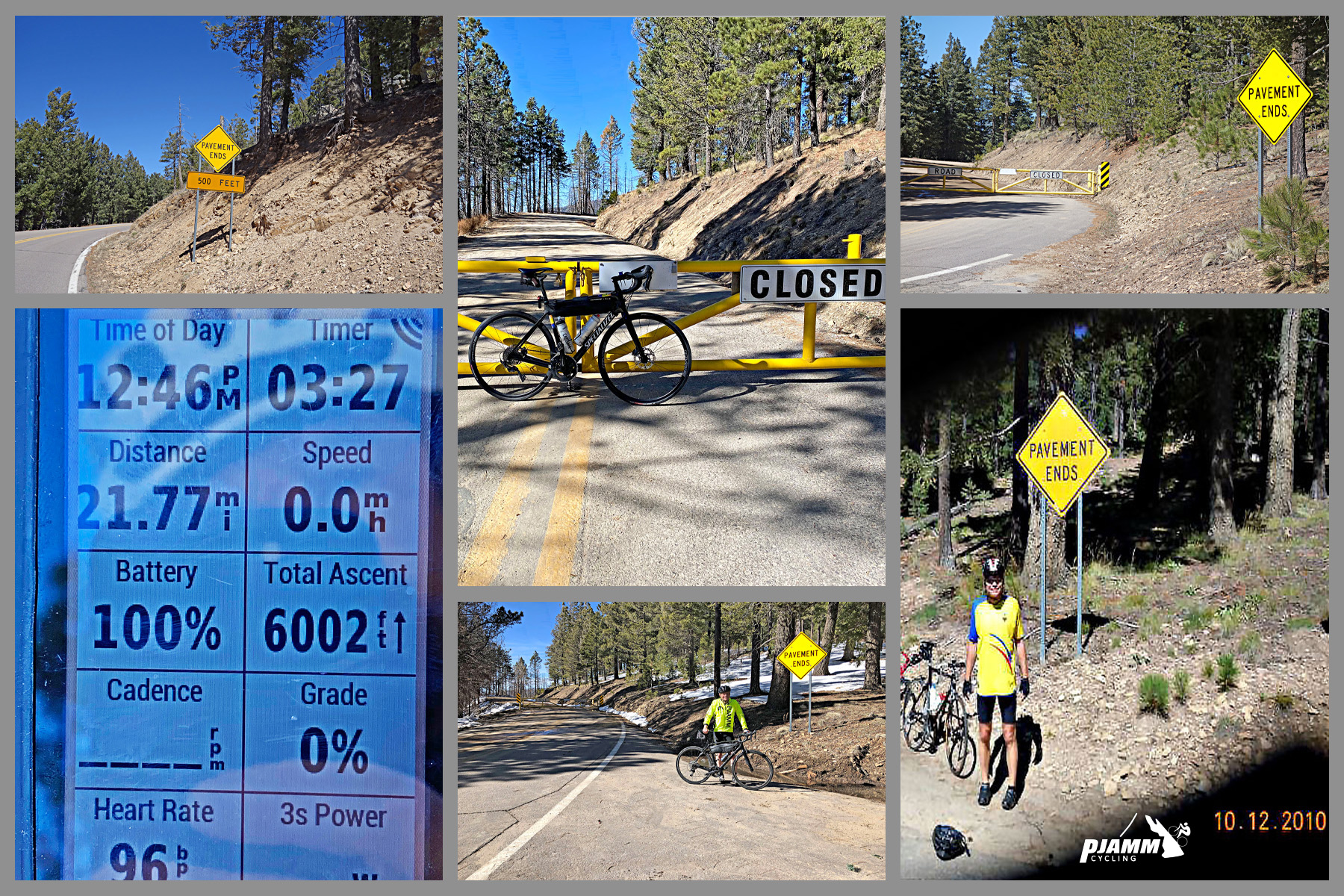 Cycling Mt. Graham, Arizona - photo collage, garmin device reads 21.77 miles and 6002 feet ascended, bike parked against gate closing roadway, John Johnson stands with bike next to road sign for end of road