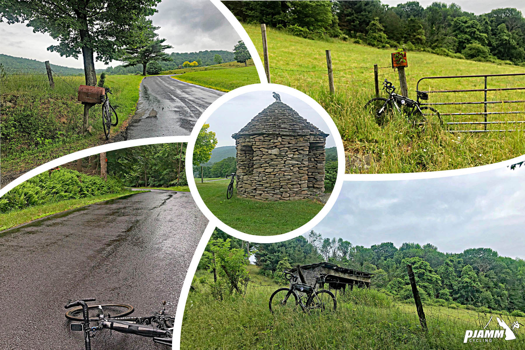 Cycling Glade Hill Road, Grahamsville, New York - photo collage, PJAMM Cycling logo in corner, bike parked along wire fences along steep hillside surrounded by farmland, stone gazebo