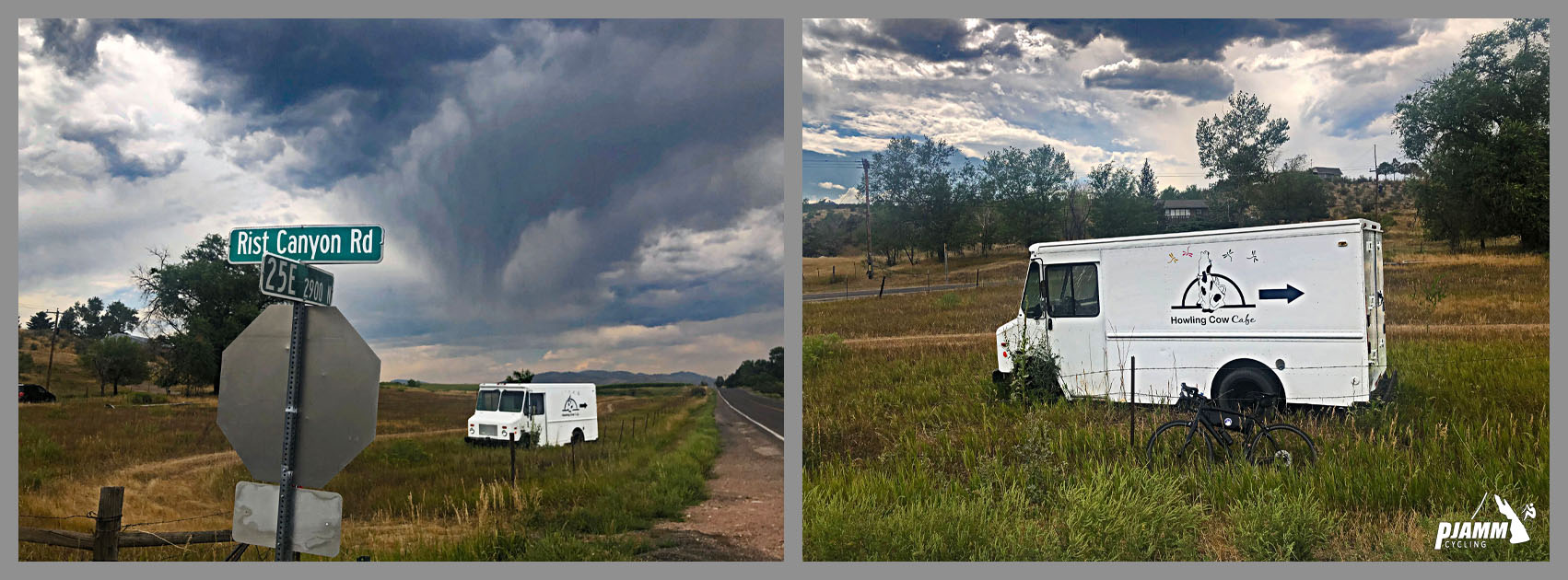 Cycling Rist Canyon East - milk trucks parked in fields along roadway, near road signs at intersection of Rist Canyon Road and County Road 25E