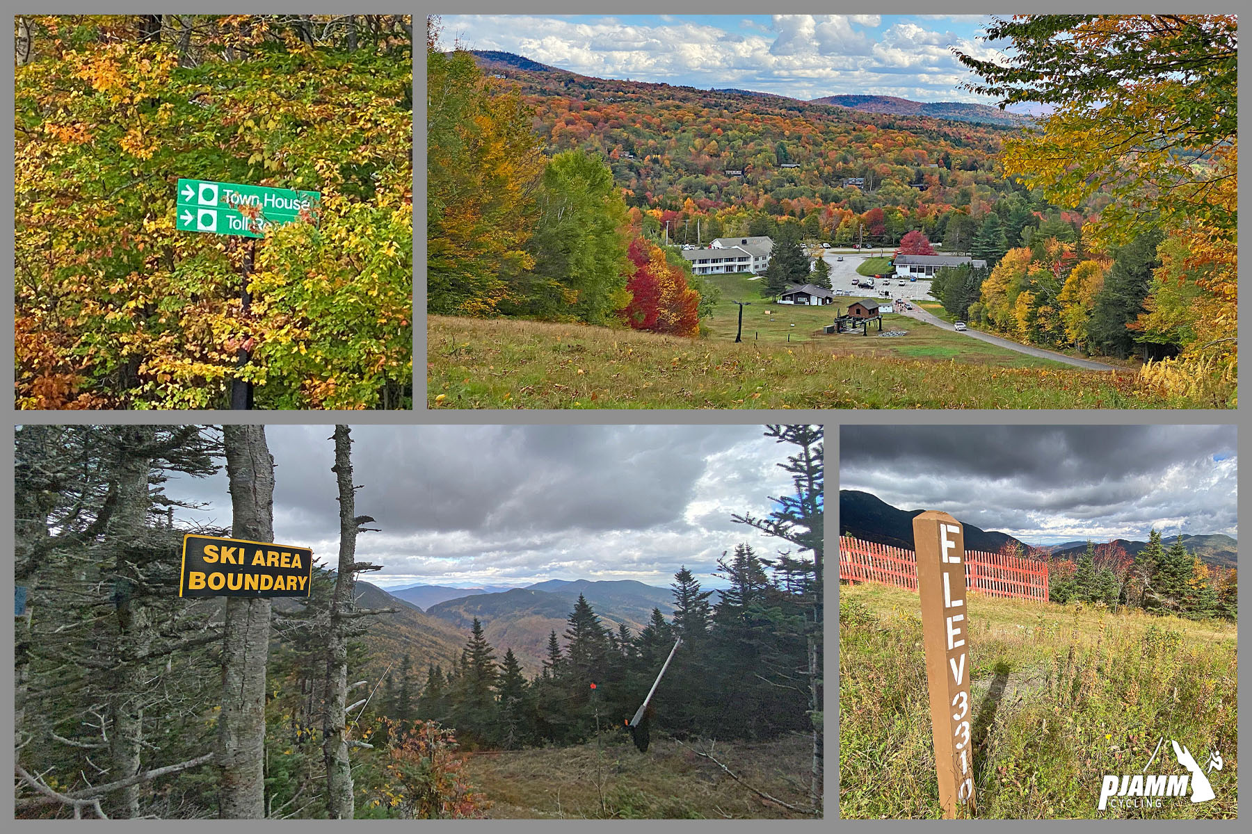 Cycling Mt. Mansfield, Vermont - photo collage, fall foliage, ski signs, PJAMM Cycling logo in corner