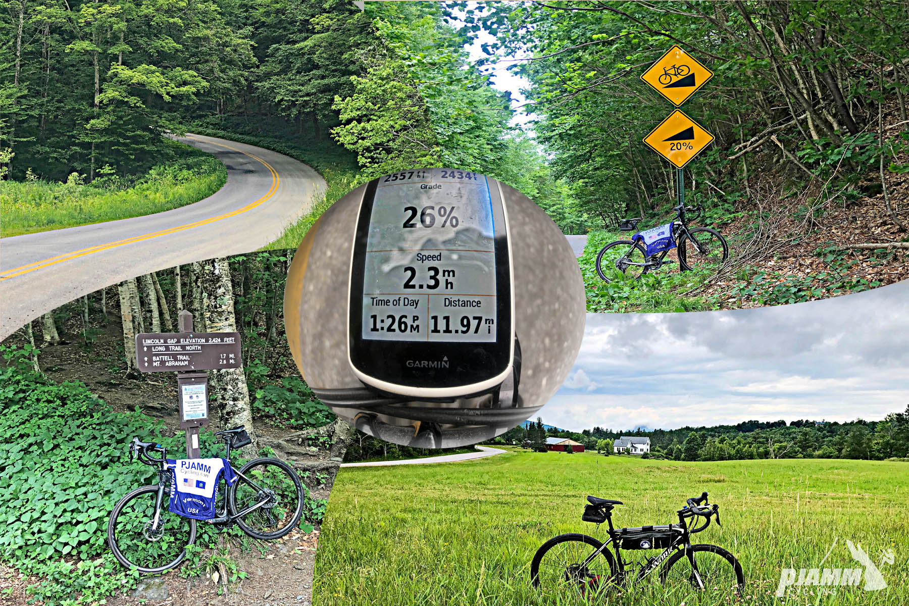 Lincoln Gap West Cycling Lincoln Gap West - winding road through dense foliage, bike leaning against road sign for 20% gradient, bike standing in green pastureland with blue skies, bike leaning against trail sign for Lincoln Gap, Garmin device showing 26% grade
