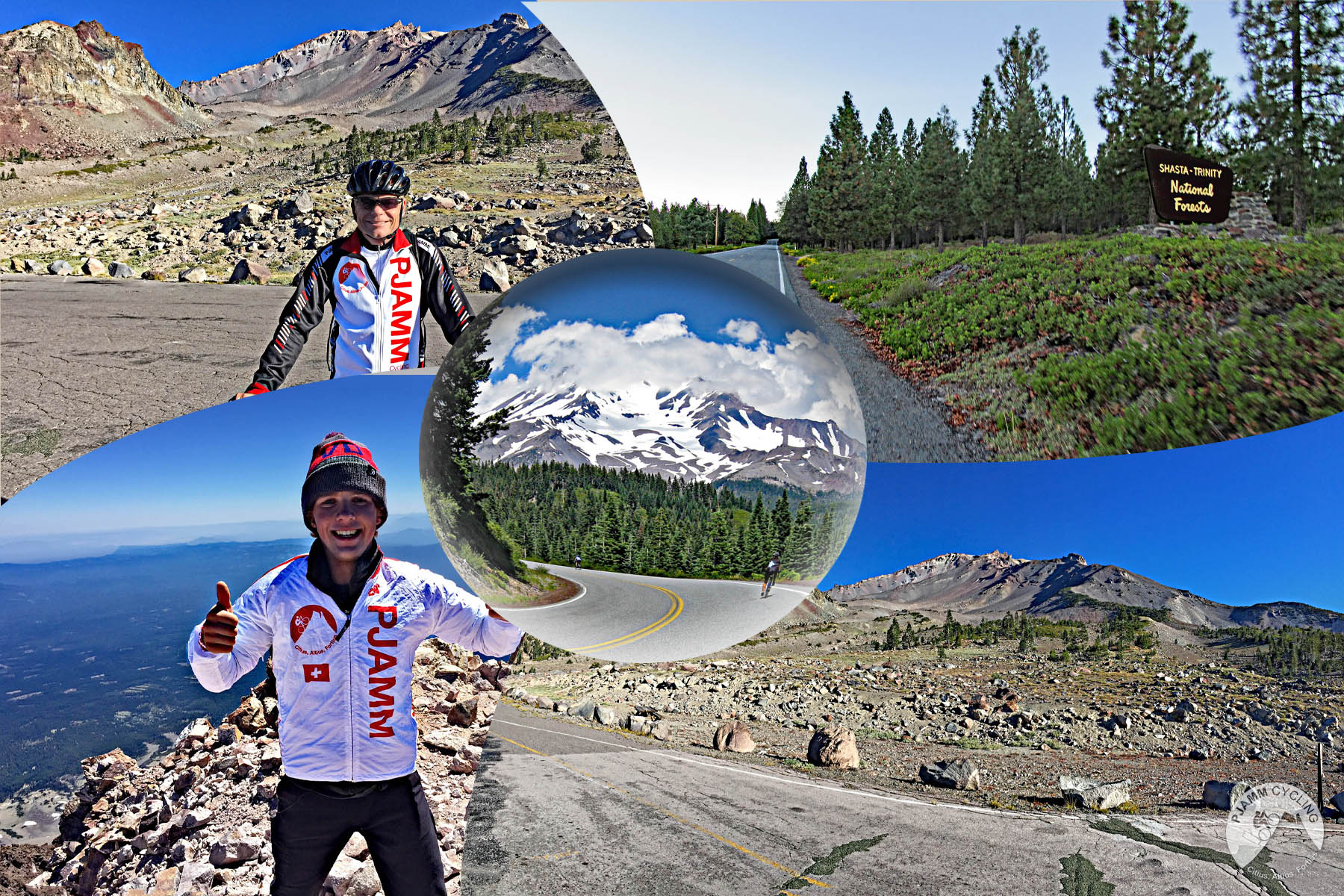 photo collage, PJAMM Cyclists stand at summit of Mt. Shasta, rocky terrain, National Forest Service for Shasta Trinity National Forest, PJAMM Cycling logo in corner