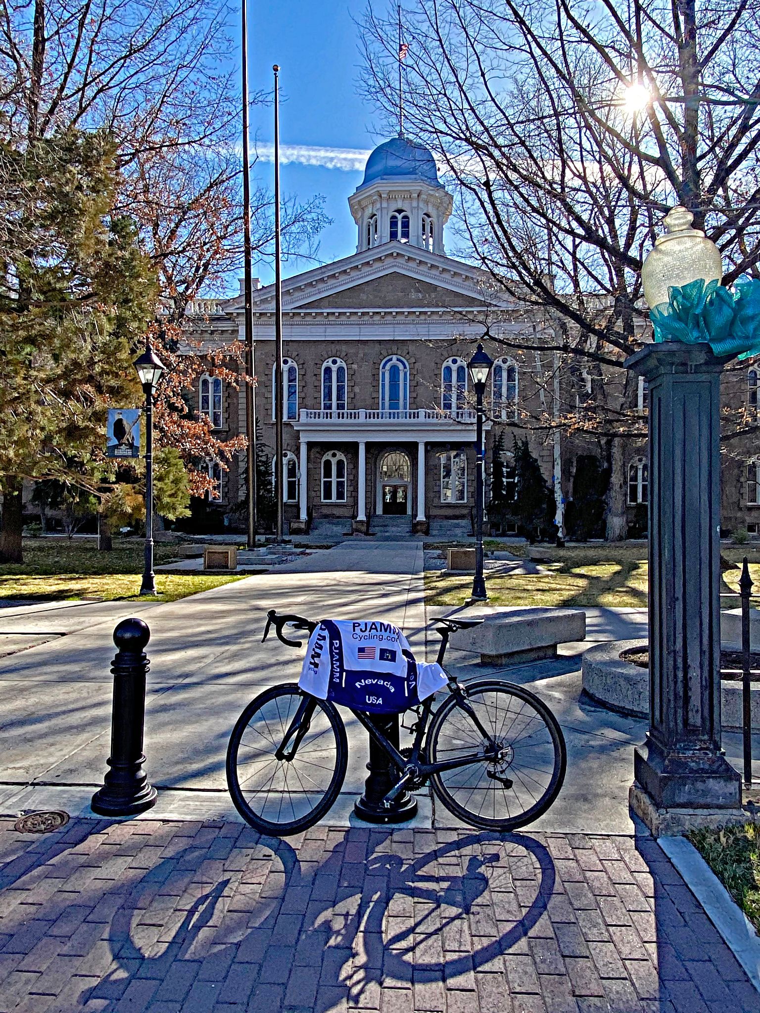 Cycling Old Clear Creek Road, NV - bike parked in front of Nevada's state capitol building