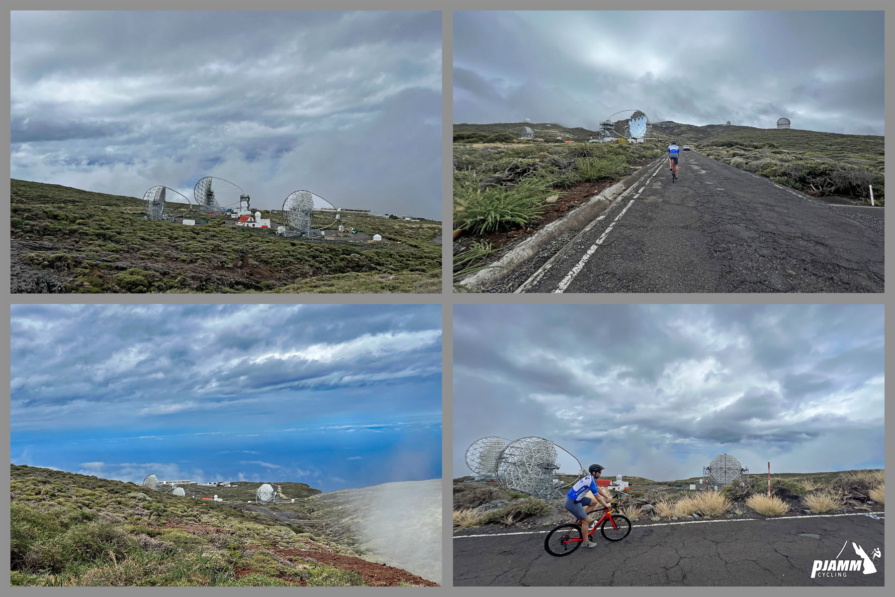 photo collage shows PJAMM cyclist riding past three MAGIC telescopes on Roque de los Muchachos ride