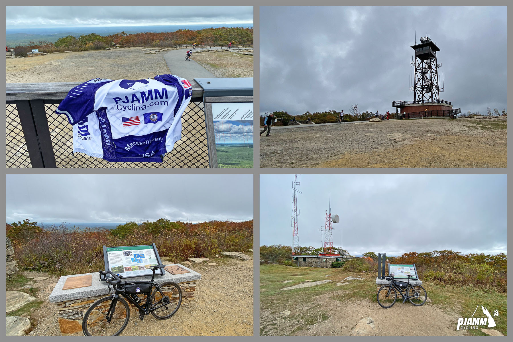 Cycling Wachusett Mountain East, Massachusetts Cycling Wachusett Mountain East, Massachusetts - observation tower at climb's summit, PJAMM Cycling logo in corner