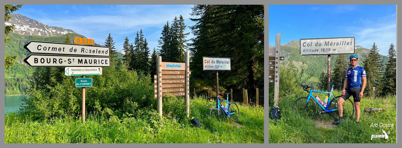 photo collage shows PJAMM Cyclist Ard Oostra standing next to road sign for Col du Meraillet